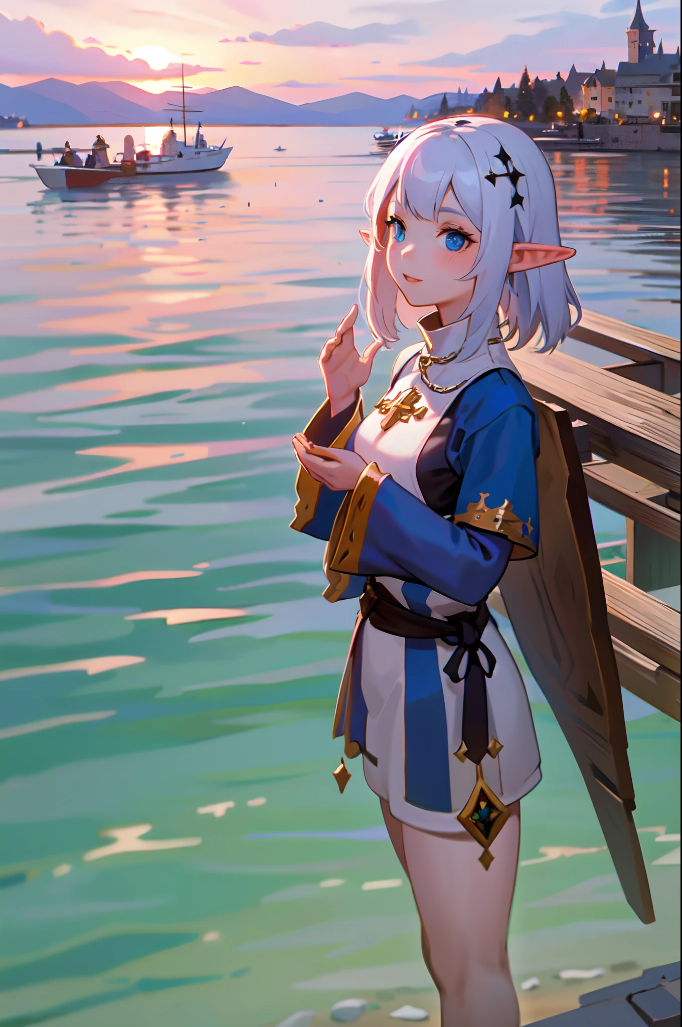 elf girl at the pier, (high fantasy, medieval:1.4), feudal society, lake town, waterfront, wooden boats, upper body, hands up