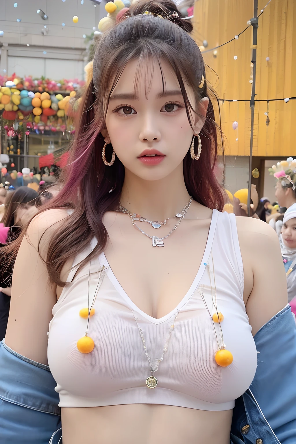 (extra detailed body、extra detailed face、best qualtiy:1.2)、femele、looking at the viewers、(5 hair colors、、Large shoulder-length piercings、a necklace、Big piercings、Hair ornament with lots of flowers、Colorful tank top)、(Lots of big super balls in the background:1.4)