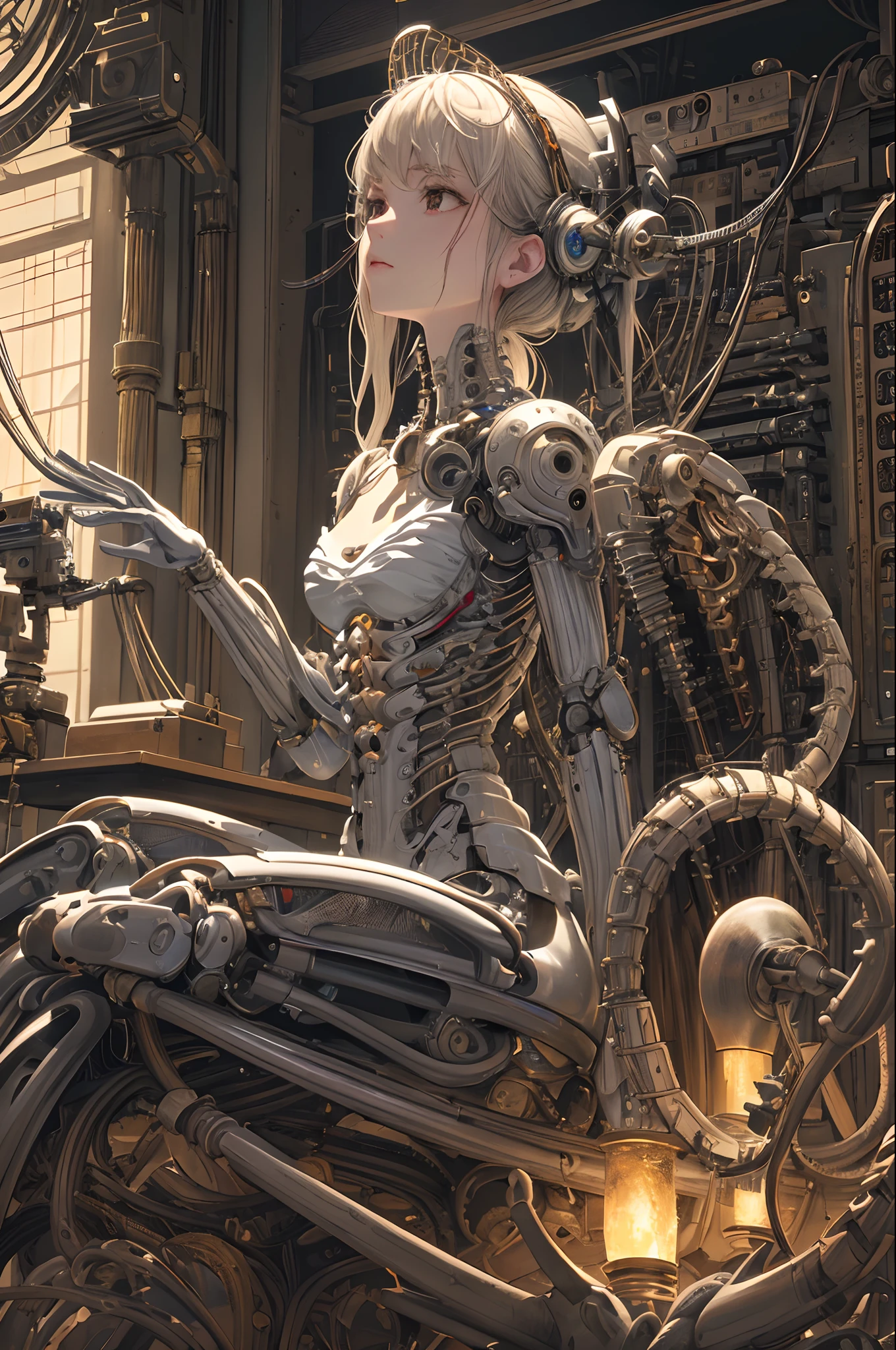 (((masterpiece))), (((best quality))), ((ultra-detailed)), (highly detailed CG illustration), ((an extremely delicate and beautiful)),(from side),cinematic light,((1mechanical girl)),solo,full body,(machine made joints:1.2),((machanical limbs)),(blood vessels connected to tubes),(mechanical vertebra attaching to back),((mechanical cervial attaching to neck)),(sitting),expressionless,(wires and cables attaching to neck:1.2),(wires and cables on head:1.2)(character focus),science fiction,extreme detailed,colorful,highest detailed