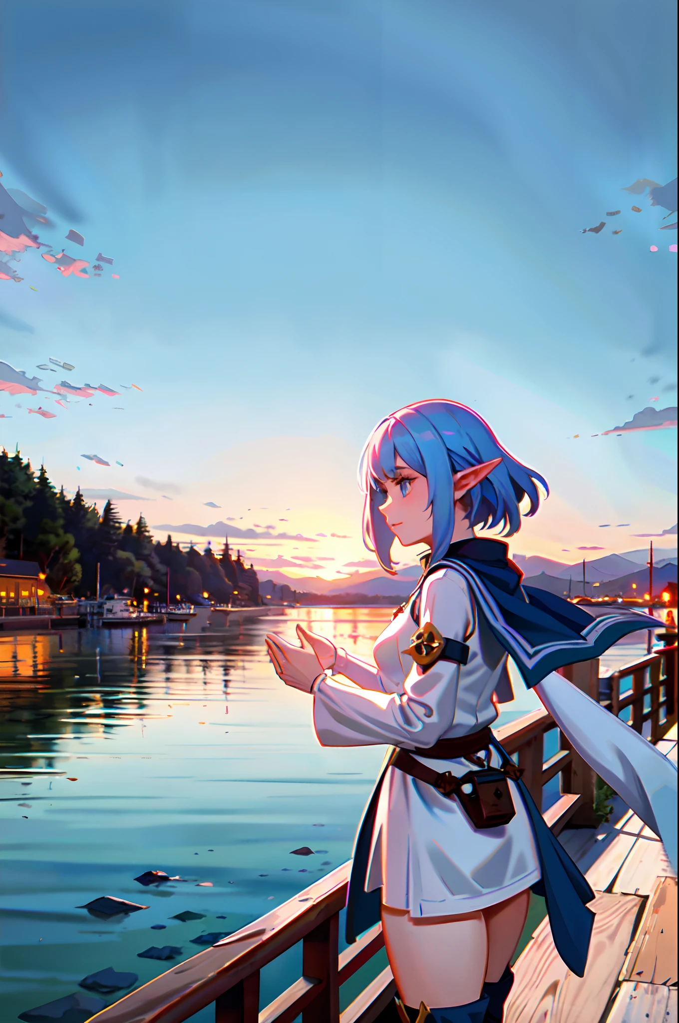 elf girl at the pier, (high fantasy, medieval:1.4), feudal society, lake town, waterfront, wooden boats, upper body, hands up