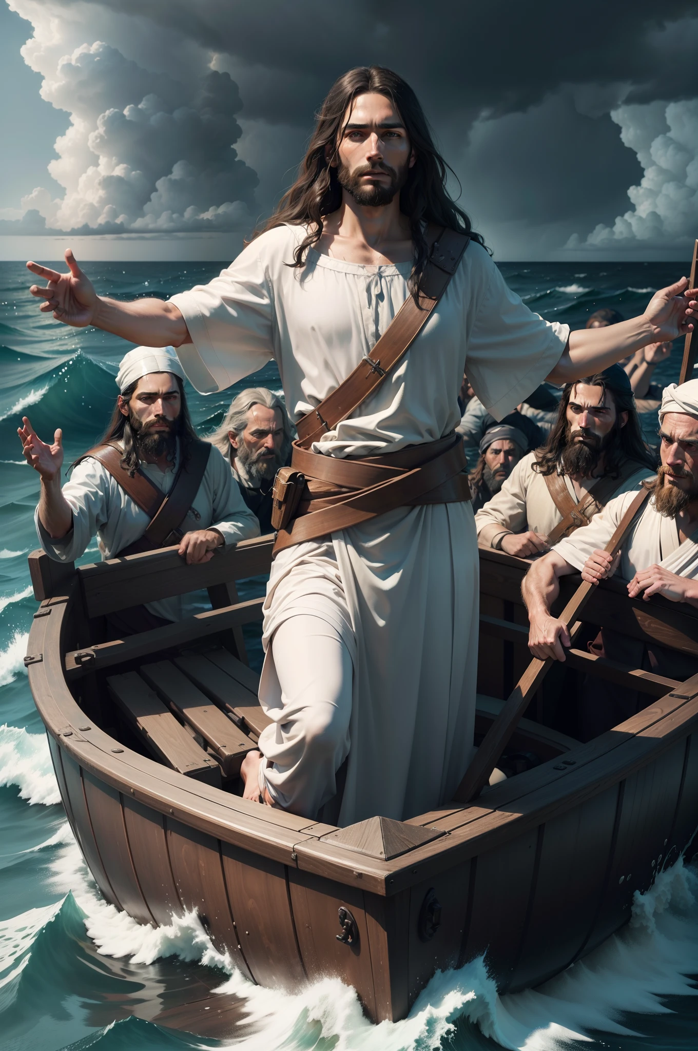Photorealistic photo: Jesus with his disciples on a boat in a storm giving orders for the sea to calm the background drawing style, Perfect and symmetrical faces and limbs Cinematic, 8k, octan render