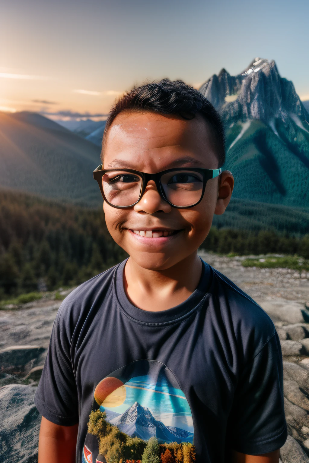 guttonerdvision10, half body portrait of a boy 3y.o with glasses, sunrise, Mountain's peak, dartk theme, (Highly Detailed Skin:1.2), 8k UHD, DSLR, Soft Lighting, High Quality, Film Grain, Fujifilm XT3