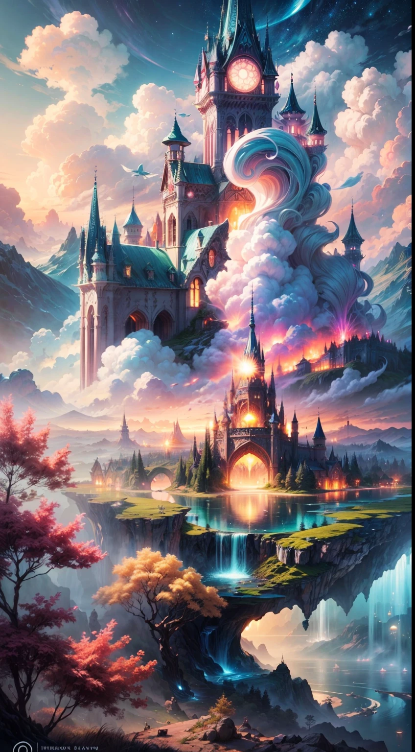 Envision a mesmerizing scene of a magnificent realm of romantic dreams. The environment is filled with intricate floating islands, fluffy clouds, waterfalls cascading from the floating islands, and a vibrant, surreal atmosphere. The atmosphere is filled with a sense of wonder and tranquility. Include many shades of pink in the image along with other vibrant jewel-toned hues. This scene will be depicted in an anime-style illustration, with soft lines, pastel colors, and a whimsical touch. All buildings are extremely detailed and elegant. The artwork will capture the ethereal beauty and tranquility of the dreamlike realm, creating a sense of harmony and escape from the ordinary world. Include teal water, colorful watercolor skies, glowing elements, and many small fantasy details including iridescence, expertly created majestic landscapes, and shimmer and glimmer. Above all else, this should look like a fantasy artwork.