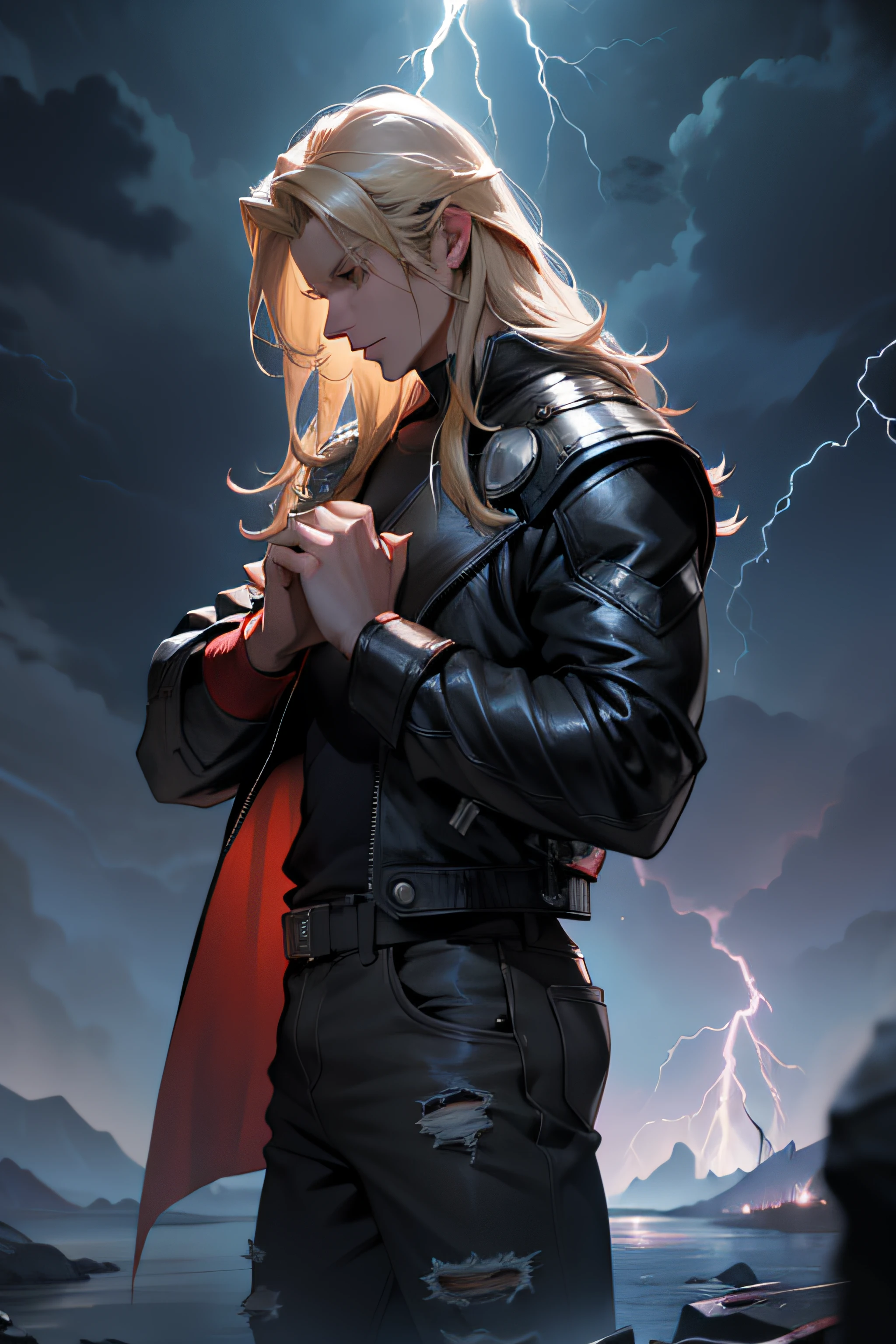 1 solo Thor com as roupas de Terry Bogard pretas, raios ao redor de si, thunder, thunder , cabelo blond, roupas pretas, vestes pretas, Nebula and smoke, black cloth, ((both hands together holding a lightning bolt)), um thunder, o raio de Thor, tempo fechado, tempo nublado, tempo escuro, cidade, raios ao redor