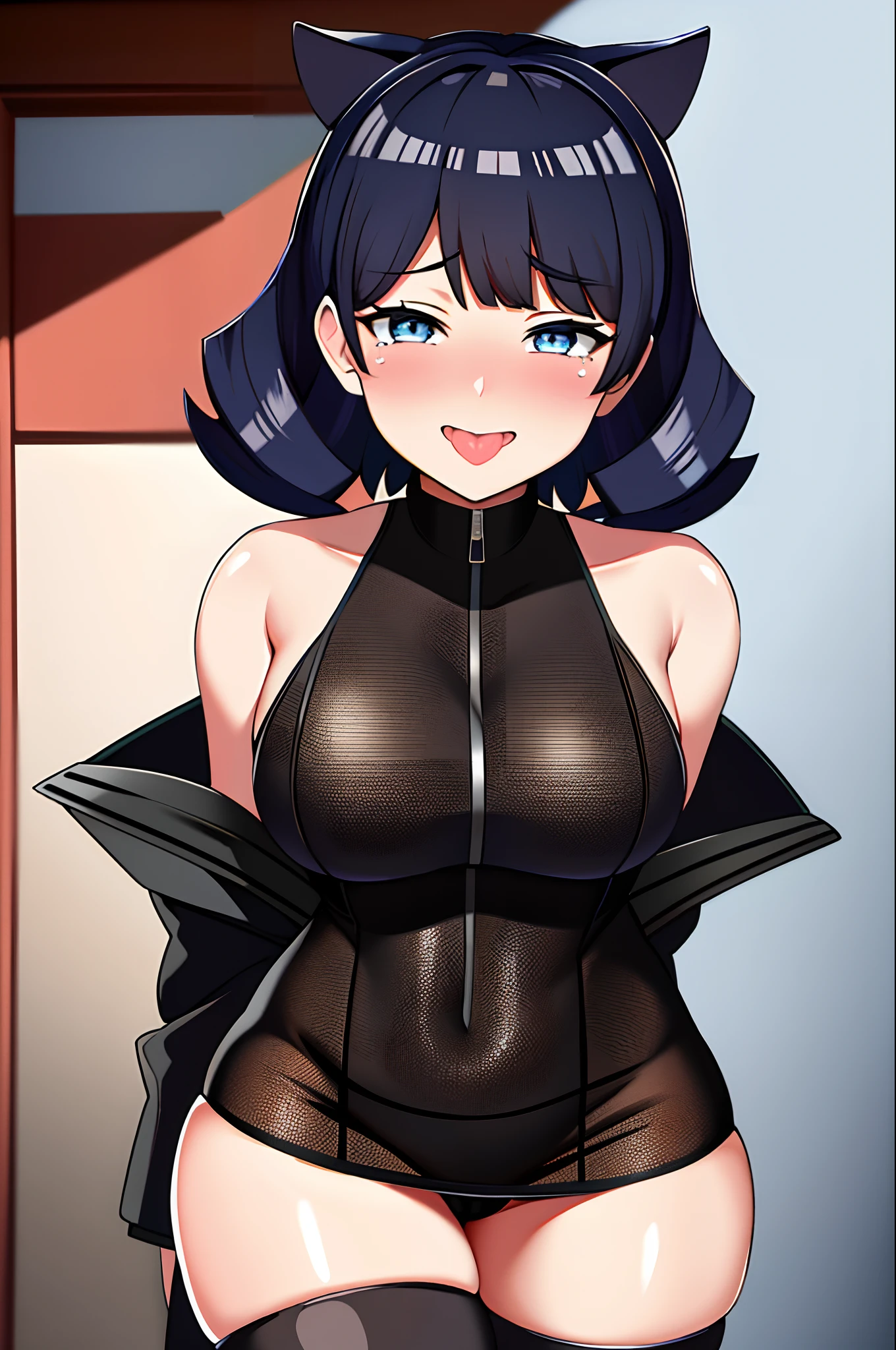 uzumaki_himawari, (Masterpiece: 1.2), (absurderes: 1.2), (Best quality: 1.2), (young girl), (lines on face), with short black hair,bluntbangs,eBlue eyes,((Taste,underdressing,比基尼) ), Black stockings, Red boots, Big breasts that expose the, ((Solo)), full bodyesbian,crying with eyes open, Fake animal ears, The face has the beard of a cat, Blush, Tongue stock, saliva, Tongue out, verbal invitation, Sobbing, Forced smile, saliva trail, Naughty face, Naughty, Moaning, Ear blush