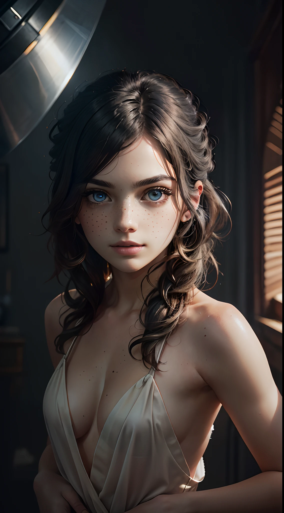 (8k, RAW photo, highest quality), beautiful girl, close up, topless, (detailed eyes:1.2, (looking at the camera:1.4), (highest quality), (best shadow), intricate details, interior, platine hair:1.3, dark studio, muted colors, freckle