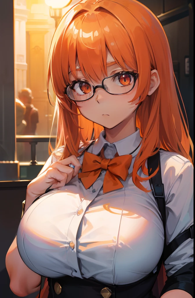 (masterpiece:1.2, best quality:1.2, beautiful, high quality, highres:1.1, aesthetic), detailed, extremely detailed, ambient soft lighting, 4K, perfect eyes, perfect face, Female ,Embarassed, shy, Round glasses, Orange eyes, big breasts, Short orange hair, Detiled eyes, very detiled face, Doing every day activities
