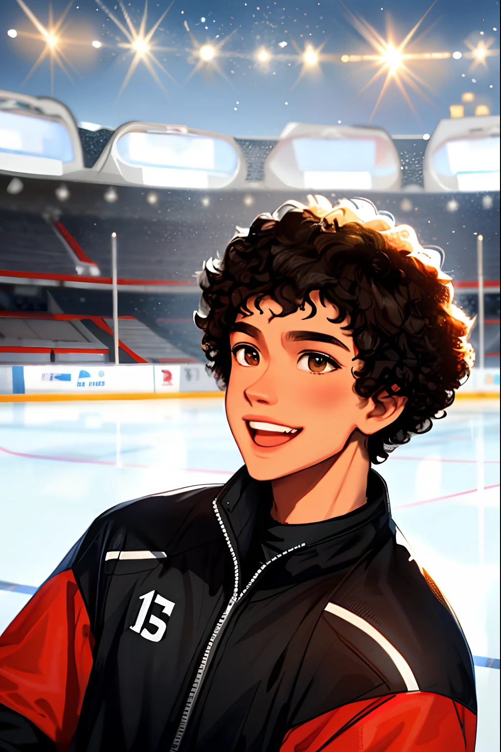 Sam Yang, 1boy, black hair, mixed race, brown eyes, short hair, curly hair, male hockey player, in the middle of an ice rink, stadium background, looking to the viewer, laughing, portrait, depth of field, ((masterpiece))
