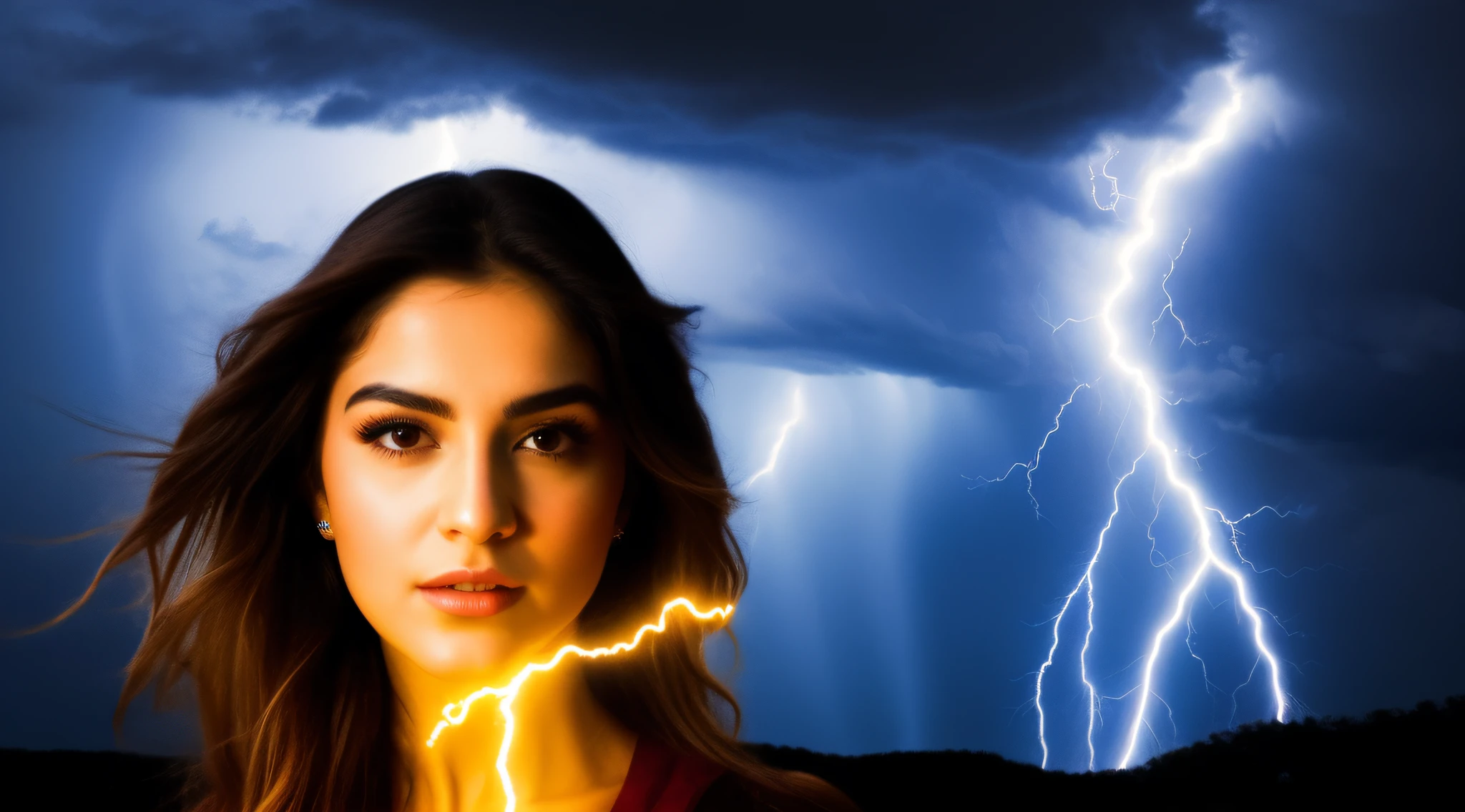Menina loira com raio em seu cabelo, little girl with magical powers, PORTRAIT, splashes of lightning behind her, she is attracting lightnings, efeitos de raios, with lightning bolts, eletrizante, lightning fantasy magic, cabelos eletrificados, lightning master, cinematic lightning and colors, amazing lightning art, maya ali as a lightning mage, electric hair, magic and lightning, lightnings