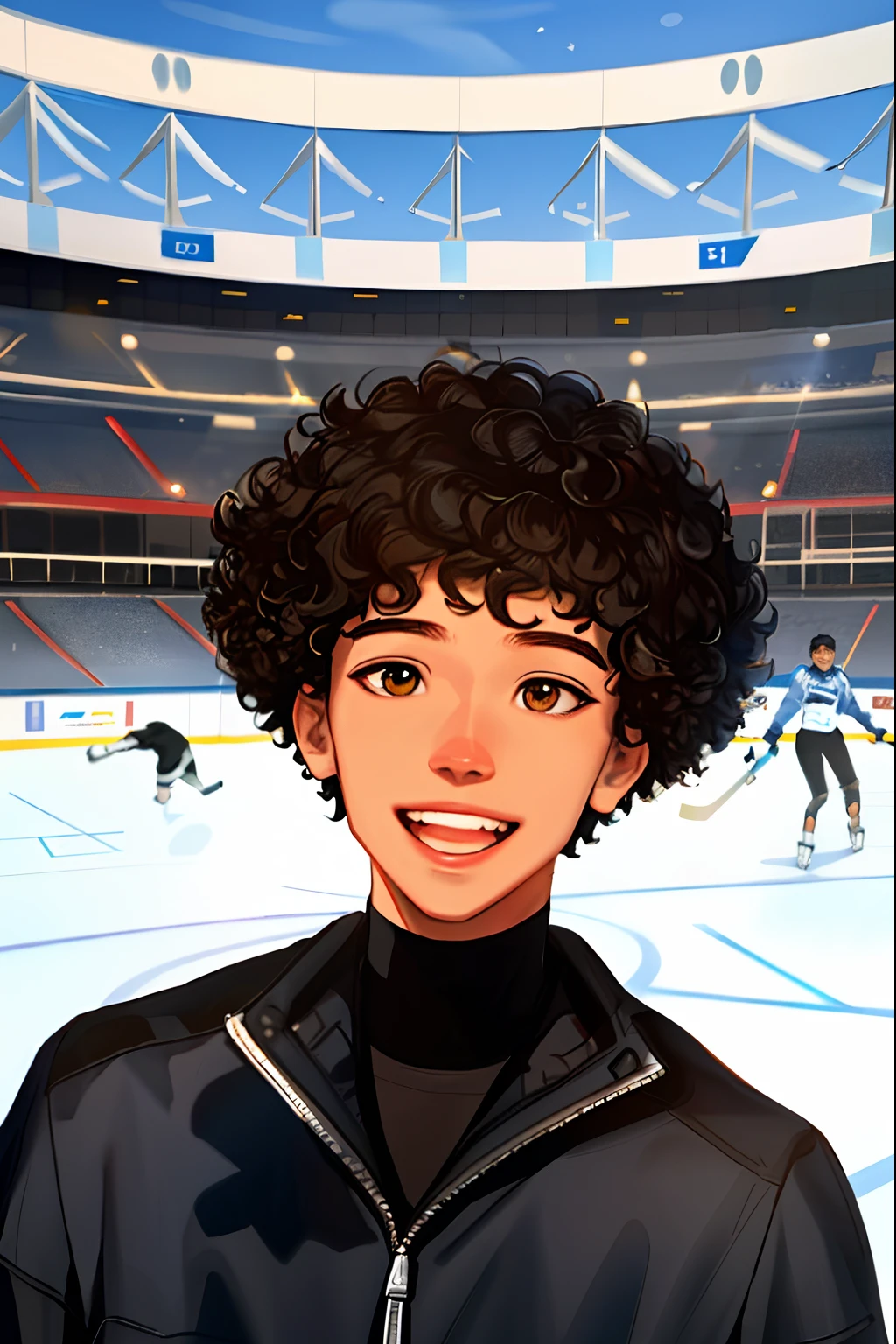 Sam Yang, 1boy, black hair, mixed race, brown eyes, short hair, curly hair, male hockey player, in the middle of an ice rink, stadium background, looking to the viewer, laughing, portrait, depth of field, ((masterpiece))