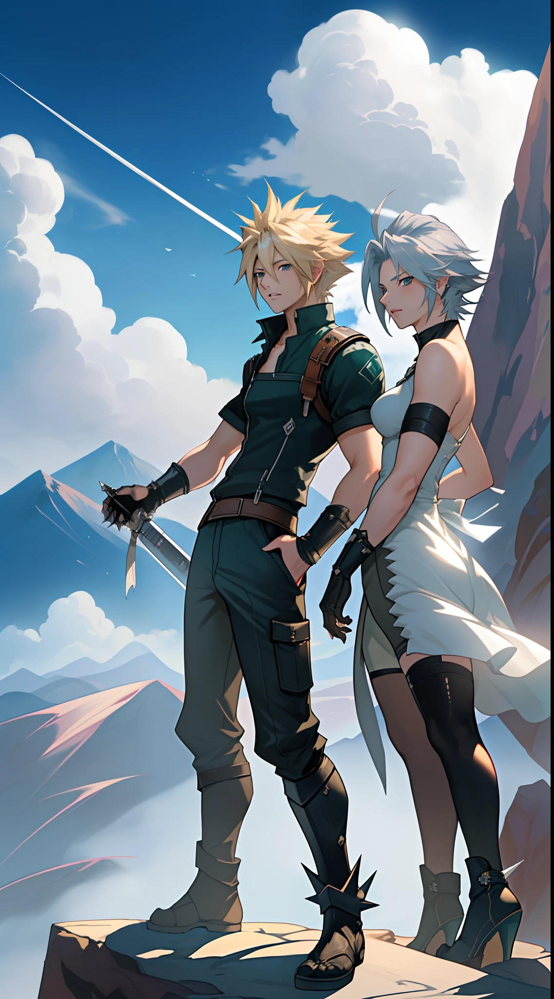 Cloud Strife, the man with short spiky hair and Sakuya Izayoi, the woman with short spiky hair together, are in the mountains, sunlight