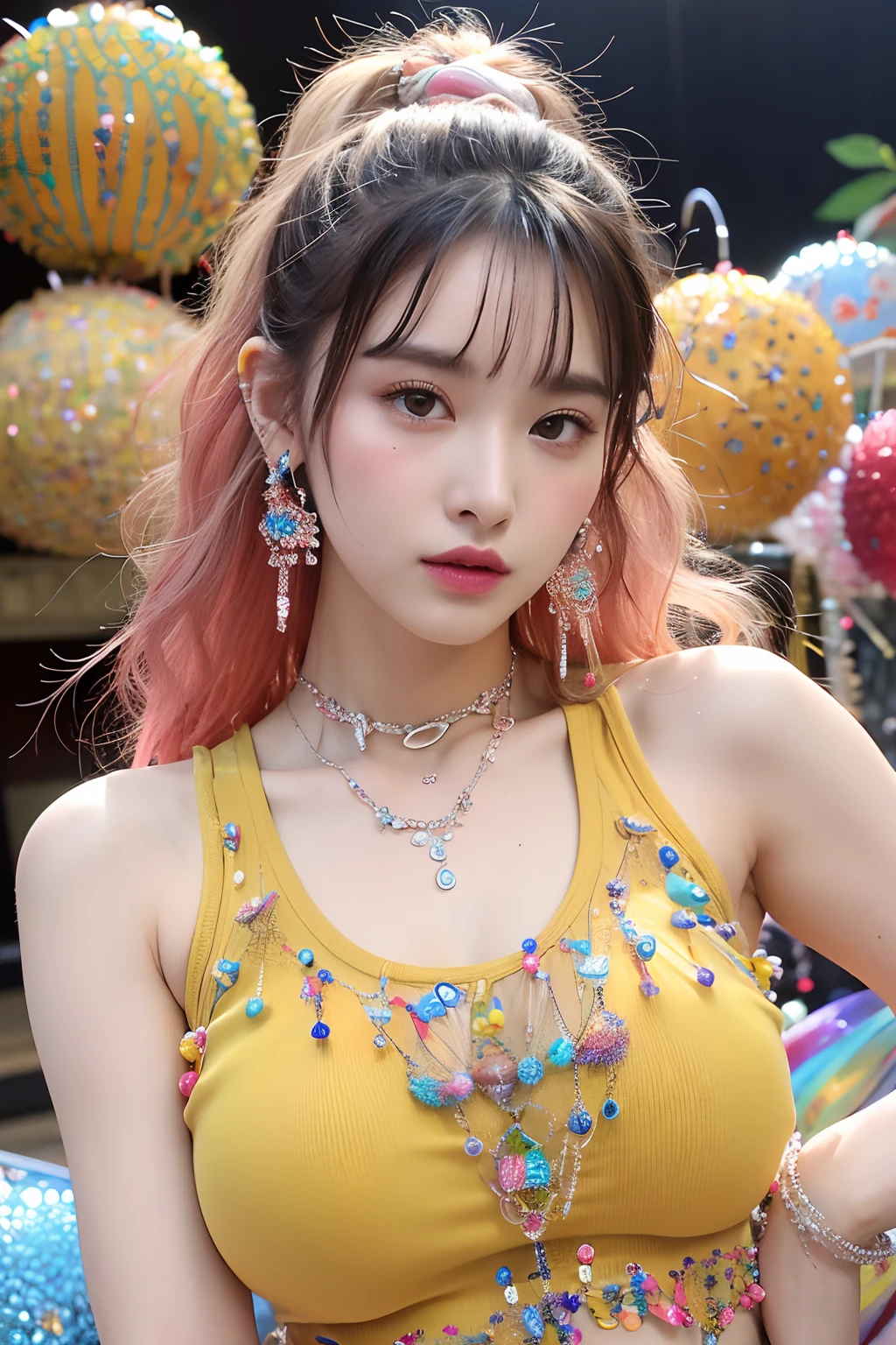 (extra detailed body、extra detailed face、best qualtiy:1.2)、femele、looking at the viewers、(5 hair colors、、Large shoulder-length piercings、a necklace、Big piercings、Hair ornament with lots of flowers、Colorful tank top)、(Lots of big super balls in the background:1.4)