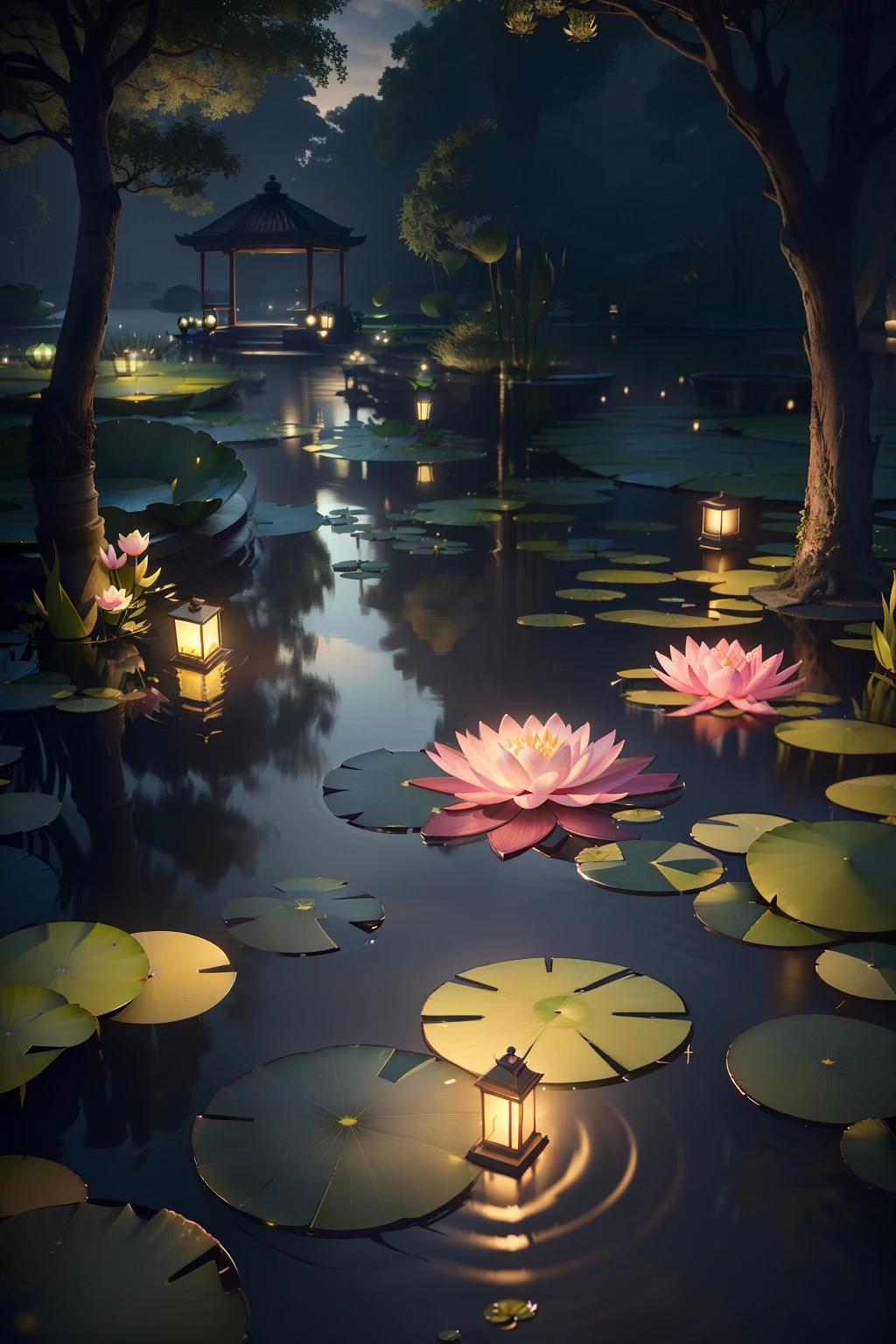 there are many water lilies floating in a pond with lanterns, lotus pond, unreal engine ; romantic theme, quiet and serene atmosphere, waterlily pond, realistic garden, with photorealistic lighting, hyperrealistic lighting, unreal engine art, highly detailed scene, rendered in unreal engine 4 k hq, rendered in unreal engine 4k hq, hyper - realistic lighting, relaxing environment