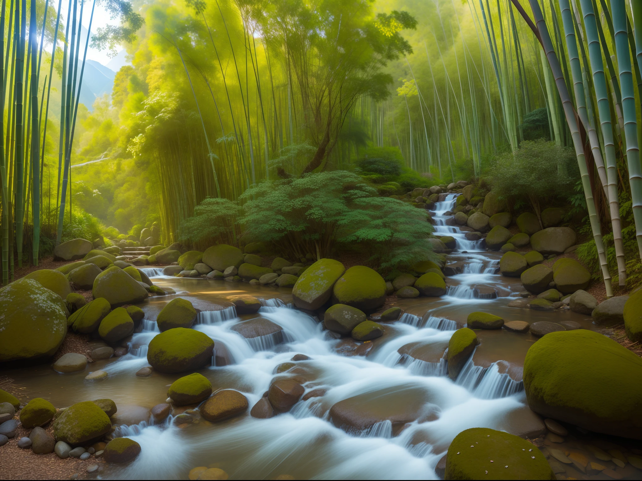In the majestic mountain ranges of China, as if they kept secrets from the past. The air is heavy with the rich fragrance of pines and the quiet rustle of bamboo leaves. Amidst the bamboo groves, a small stream meanders down the mountain, its gentle currents creating gentle ripples that blend harmoniously with the rustling of bamboo leaves. The sound of trickling water mixes with the sweet song of birds and the gentle hum of insects, forming a symphony of nature's beauty. In the heart of the bamboo forest, The setting is one of peaceful contemplation, a peaceful retreat amidst the rugged mountains, where the beauty of nature is celebrated and revered. hdr, (photorealism, masterpiece quality, best quality)