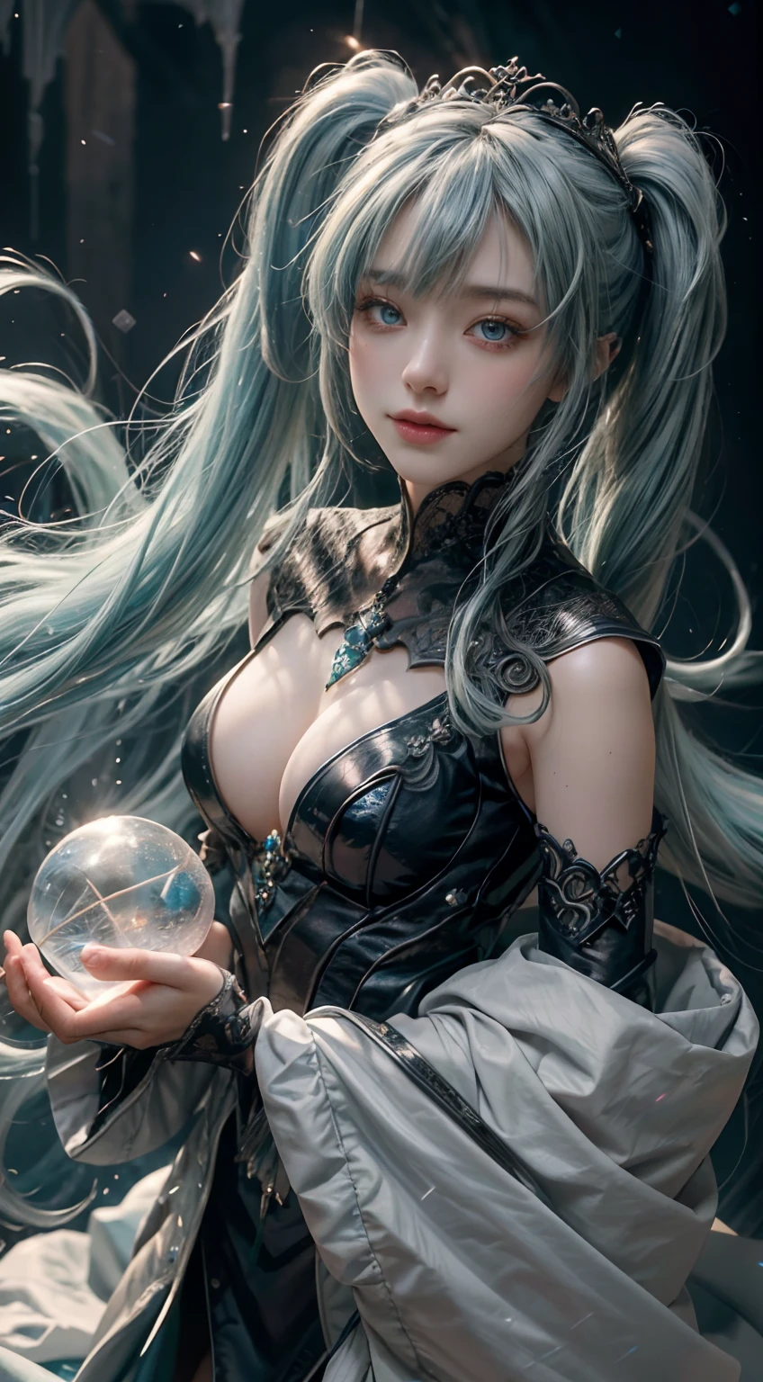 (absurderes、hight resolution、ultra-detailliert)、1womanl、a matural female、age: 18 years old、long hair with twin tails、Light blue hair、Emerald gentle eyes、A smile with the corners of the mouth slightly raised、bangss、long-sleeve、finely eye and detailed face、extremely detailed CG unified 8k wallpaper、intricate-detail、(Style - Swirl Magic:1.0)、Look at viewers、独奏、The upper part of the body、细致背景、a closeup、A detailed face、(Gothic Dark Ages theme:1.1)、Crystal Sorcerer、dynamicposes、 earth themed clothes、crystal crown、Floating in mid-air、Glowing magic shards、Blue Magic Crystal、terrane、stalactites、magical floating particles、Crystal Glass、Crystal Sphere、crystal canyon background、(shallow water:0.7)、epic ethereal atmosphere、Updraft、、portraitures