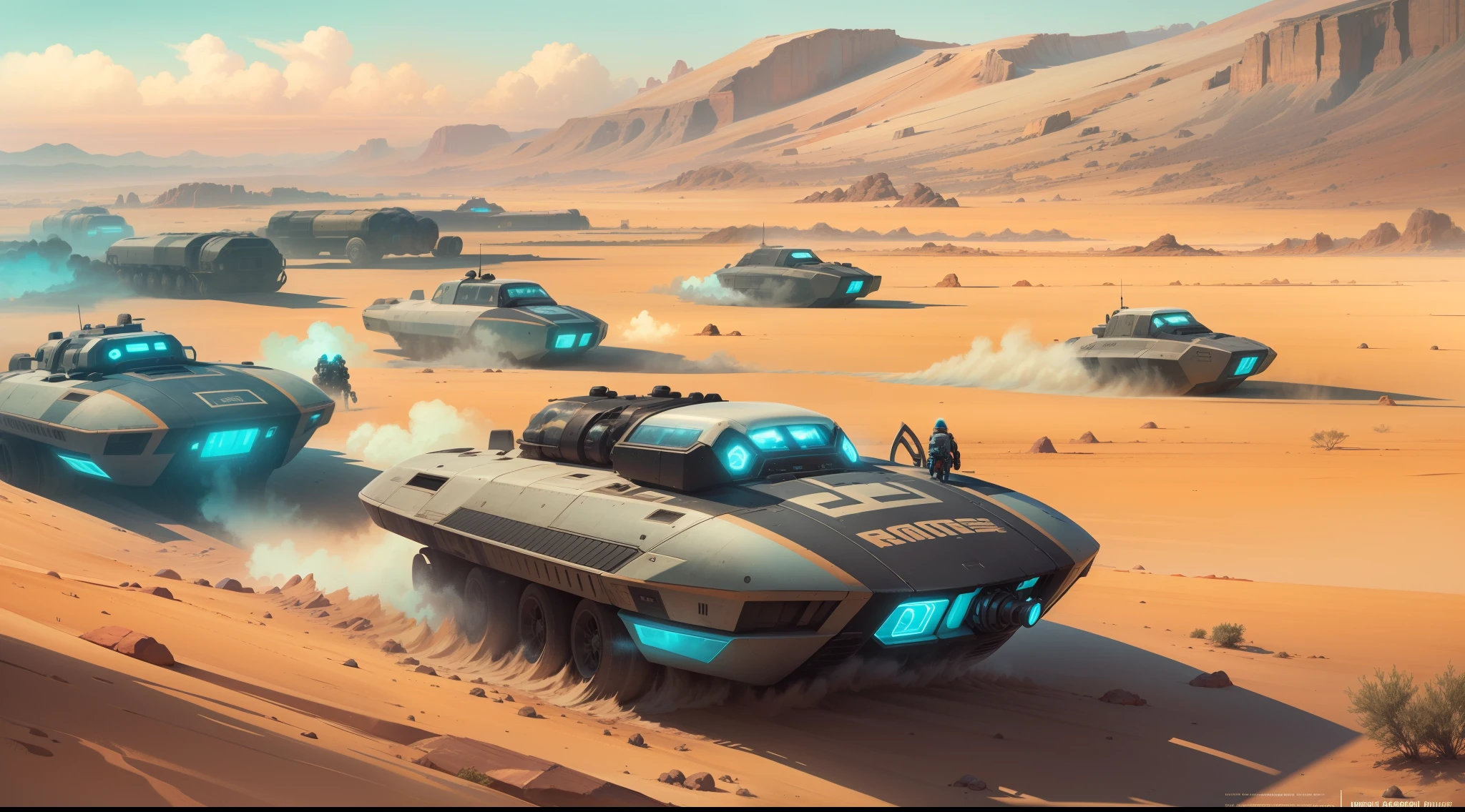 On a desolate alien planet, a convoy of hovercrafts glides through a barren landscape. The vehicles are sleek and futuristic, emitting a soft blue glow. They are escorting a group of extraterrestrial refugees, their vibrant, otherworldly features contrasting with the bleak surroundings. The refugees wear tattered clothing and carry belongings, conveying a sense of displacement and longing. The atmosphere is tense, and the hovercrafts cast long shadows on the dusty ground. The sky above is a mix of swirling colors, hinting at the planet's unique and mysterious nature. Style: Illustration, digital painting with bold color palette and intricate details