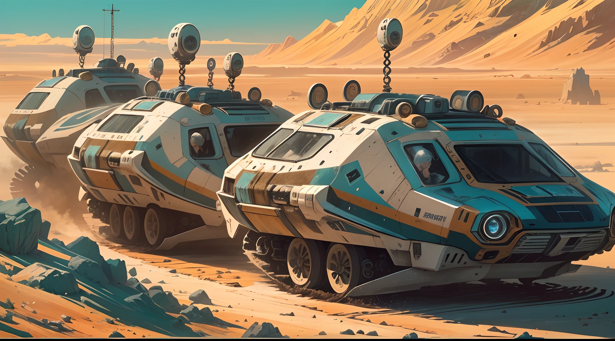 On a desolate alien planet, a convoy of hovercrafts glides through a barren landscape. The vehicles are sleek and futuristic, emitting a soft blue glow. They are escorting a group of extraterrestrial refugees, their vibrant, otherworldly features contrasting with the bleak surroundings. The refugees wear tattered clothing and carry belongings, conveying a sense of displacement and longing. The atmosphere is tense, and the hovercrafts cast long shadows on the dusty ground. The sky above is a mix of swirling colors, hinting at the planet's unique and mysterious nature. Style: Illustration, digital painting with bold color palette and intricate details