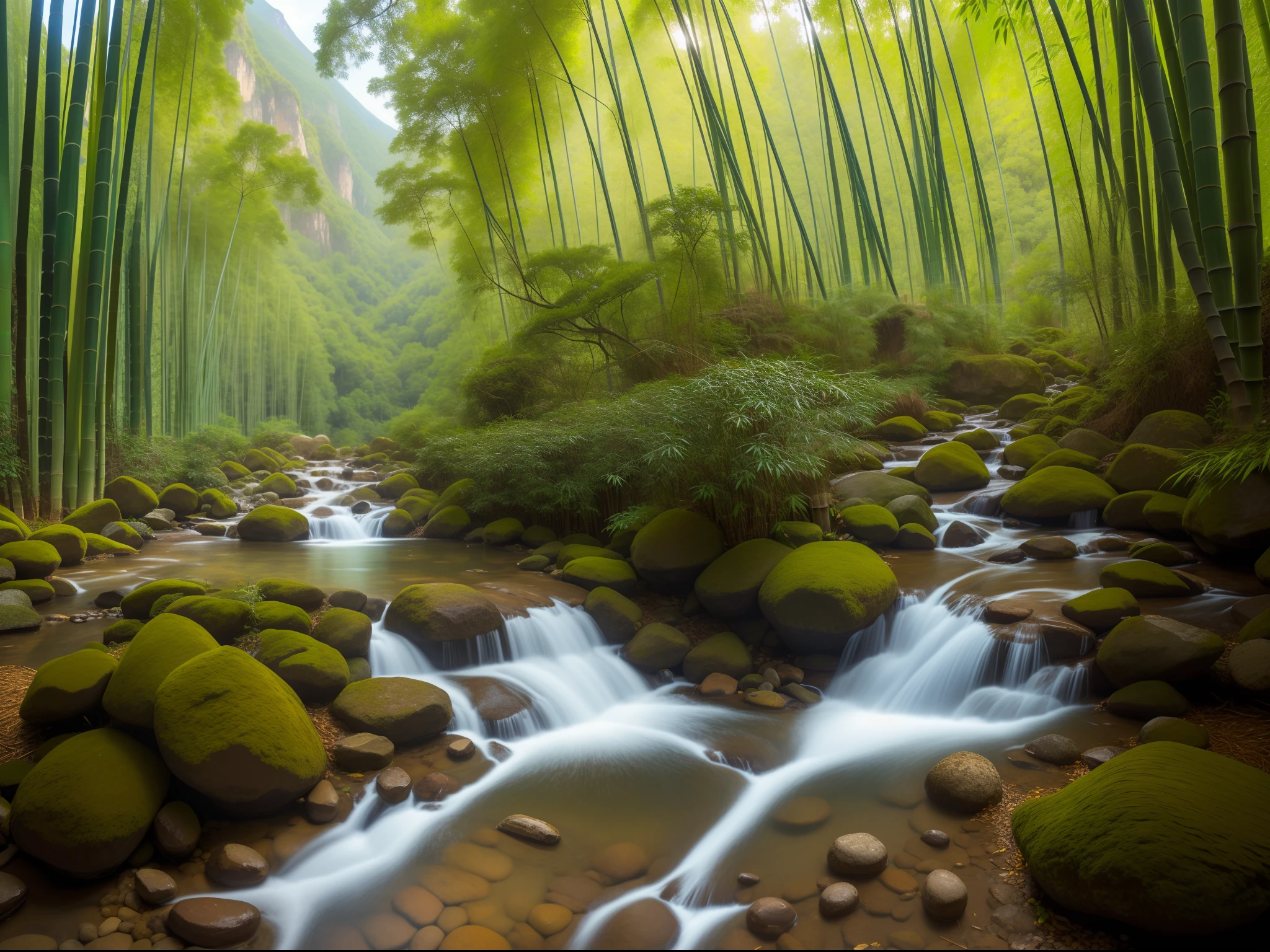 In the majestic mountain ranges of China, as if they kept secrets from the past. The air is heavy with the rich fragrance of pines and the quiet rustle of bamboo leaves. Amidst the bamboo groves, a small stream meanders down the mountain, its gentle currents creating gentle ripples that blend harmoniously with the rustling of bamboo leaves. The sound of trickling water mixes with the sweet song of birds and the gentle hum of insects, forming a symphony of nature's beauty. In the heart of the bamboo forest, The setting is one of peaceful contemplation, a peaceful retreat amidst the rugged mountains, where the beauty of nature is celebrated and revered. hdr, (photorealism, masterpiece quality, best quality)