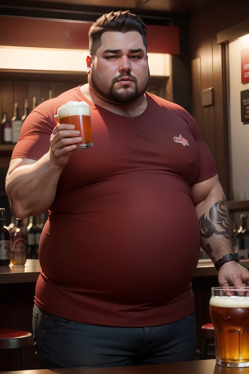 Make a man with obesity

This man must be wearing red clothing

He must be inside a bar

He's drinking beer

Ultra realistic photo, qualidade 8k, fullhd