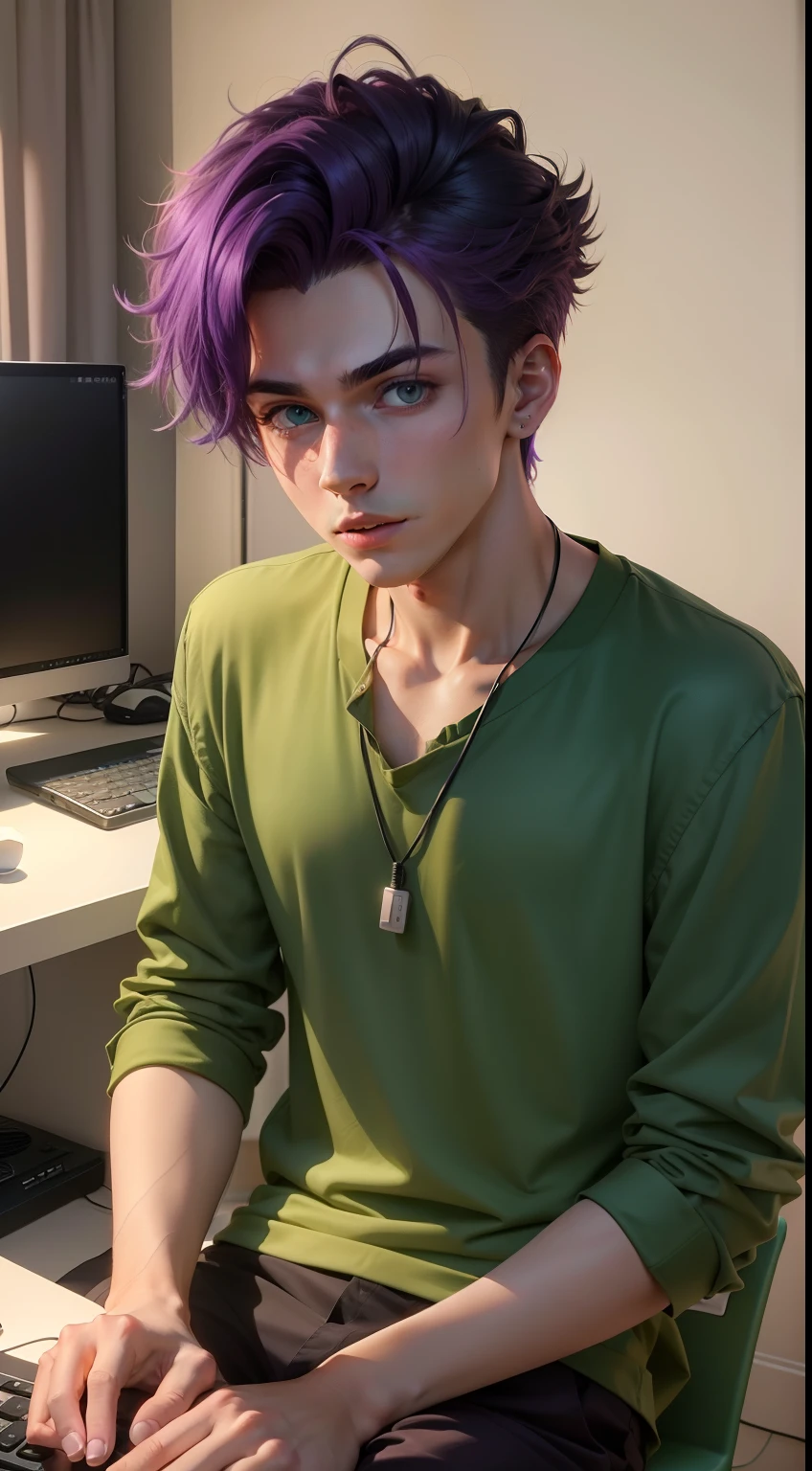 ultra realistic 8k image of a 20 year old male youtuber, hair dyed purple, dressed in a green blouse, sitting in front of a computer, extremely surprised, in front of a computer in a bedroom at night