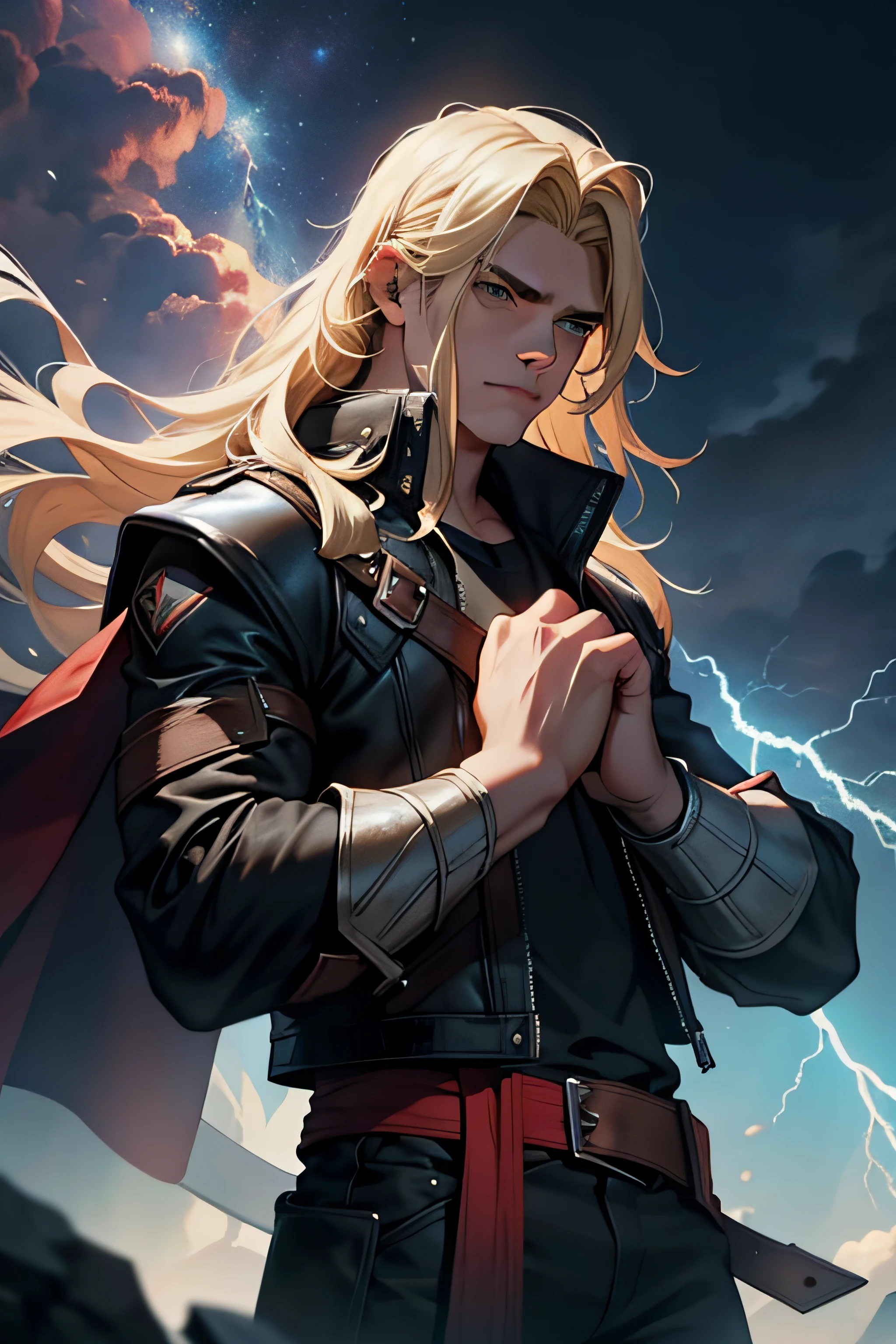 1 solo Thor com as roupas de Terry Bogard pretas, raios ao redor de si, thunder, thunder , cabelo blond, roupas pretas, vestes pretas, Nebula and smoke, black cloth, both hands together holding a lightning bolt, um thunder, o raio de Thor, tempo fechado, tempo nublado, tempo escuro, cidade, raios ao redor