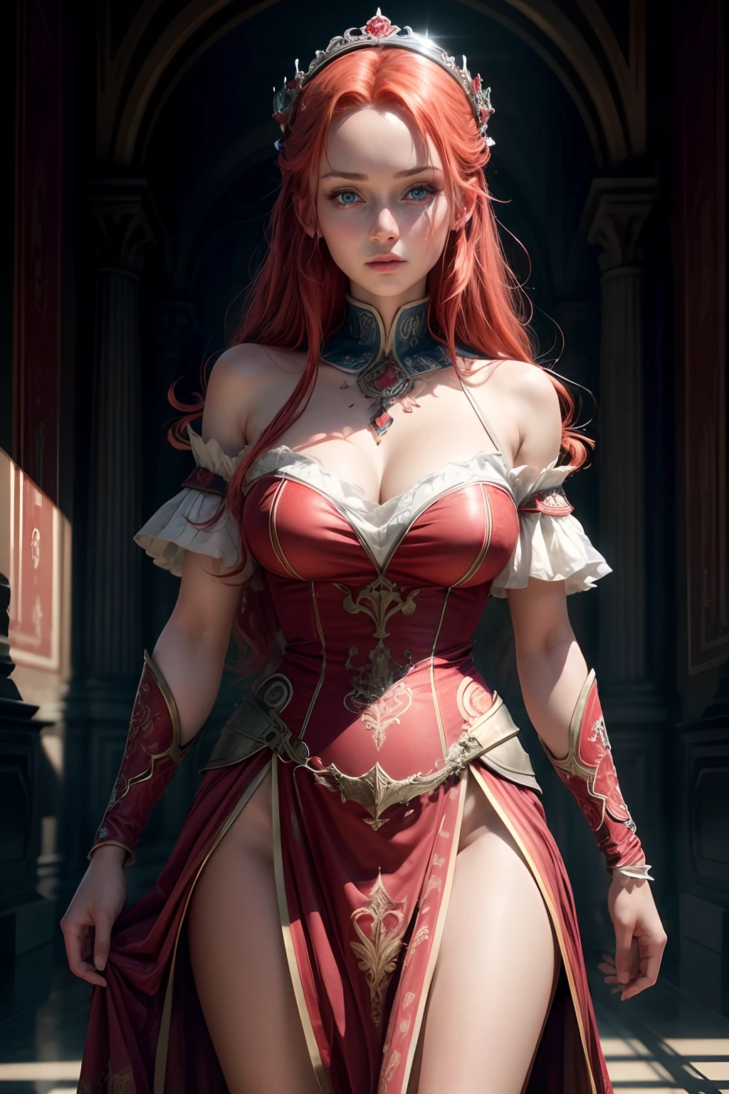 a woman with blue eyes and red hair with a red background and a red and blue background with a red and white design, extremely high quality RAW photograph, detailed background, intricate, Exquisite details and textures, highly detailed, ultra detailed photograph, warm lighting, 4k, sharp focus, high resolution, detailed skin, detailed eyes, 8k uhd, dslr, high quality, film grain, Fujifilm XT3,