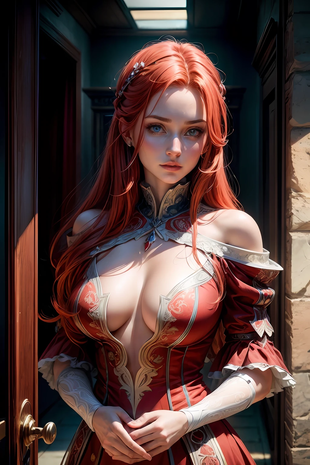 a woman with blue eyes and red hair with a red background and a red and blue background with a red and white design, extremely high quality RAW photograph, detailed background, intricate, Exquisite details and textures, highly detailed, ultra detailed photograph, warm lighting, 4k, sharp focus, high resolution, detailed skin, detailed eyes, 8k uhd, dslr, high quality, film grain, Fujifilm XT3,