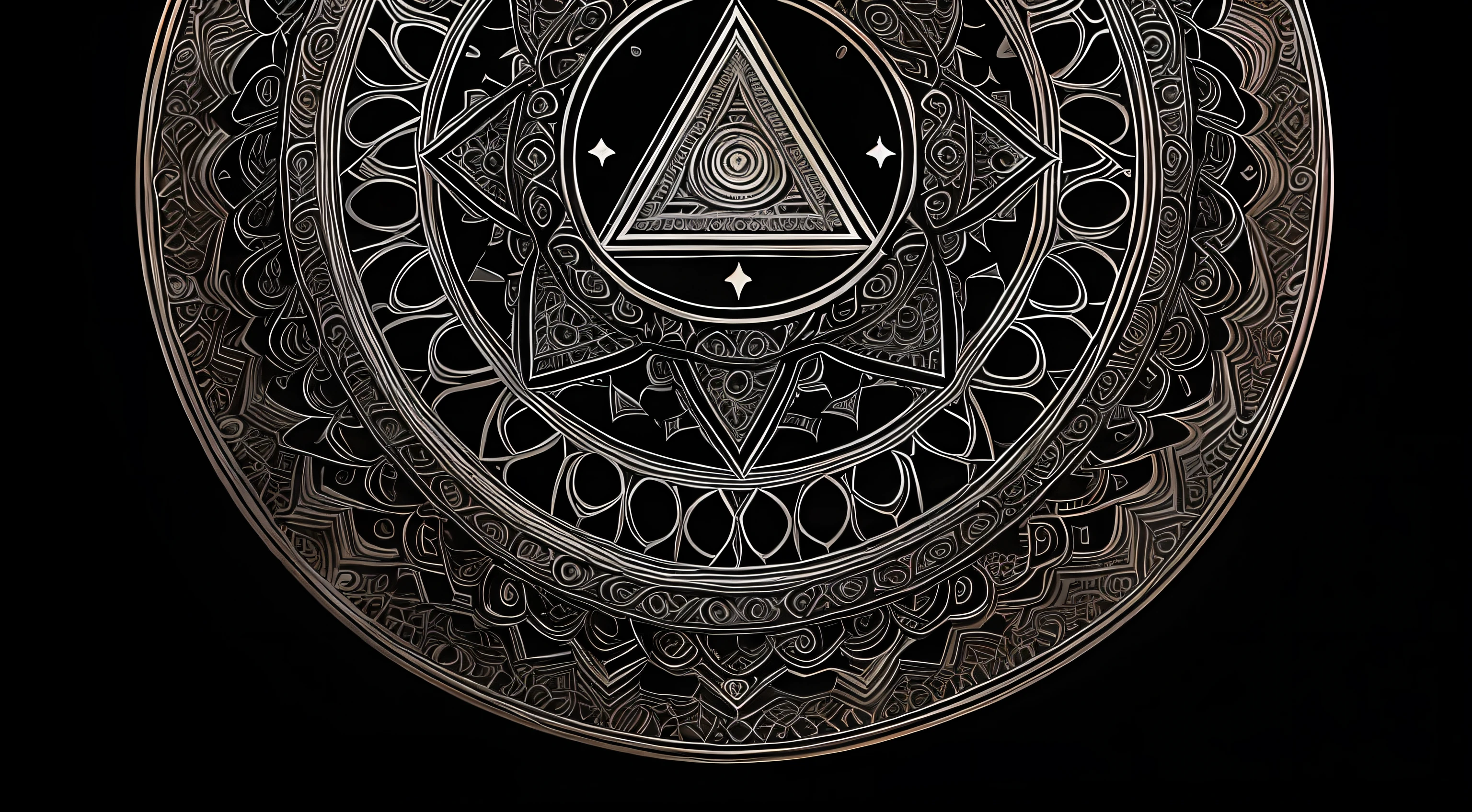 "Psychedelic logo in geometric pointillism, Sacred tree with black and white color palette, symbols scattered around the edge of the image, floral oriental, References to the occult"
