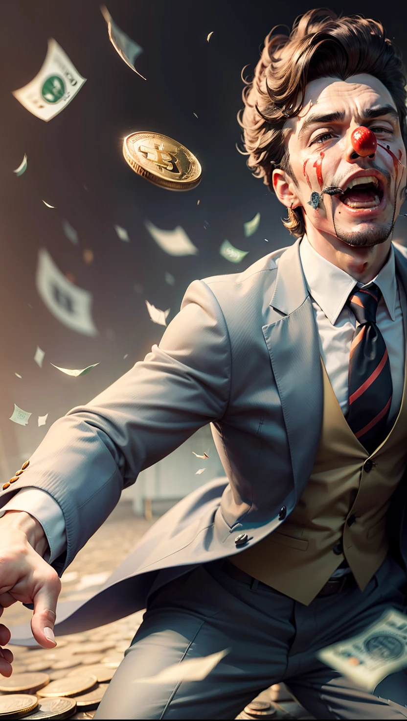 men’s in business suits beating and choking coin advertising coin bitcoin costume clown , dollar bills flying in air , black blood splitting --auto --s2