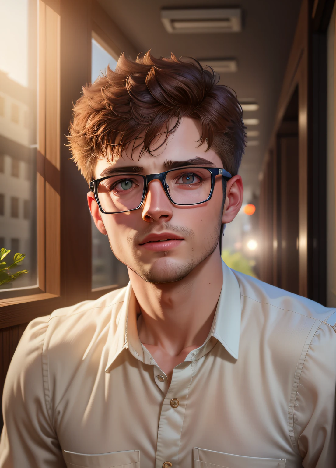 boy with glasses and a shirt looking at the camera, cinematic realistic portrait, realistic face moody lighting, high quality portrait, 8k portrait render, realistic portrait photo, high quality photorealism, realistic portrait, highly detailed vfx portrait, soft portrait shot 8 k, ultra realistic portrait, semi - realistic render, photorealistic portrait, photorealistic artstyle hero dark theme