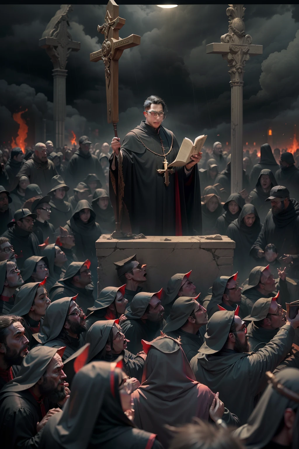 Priest preached crowd in front of church hellish weather dark clouds humans like beasts pigs apocalyptic scene, priest in glasses with red eyes , dark black covered bible in hand up head