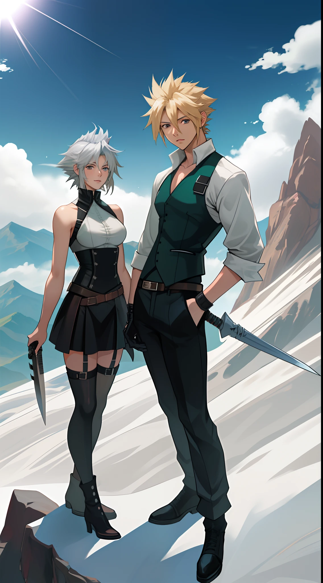 Cloud Strife, the man with short spiky hair and Sakuya Izayoi, the woman with short spiky hair together, are in the mountains, sunlight