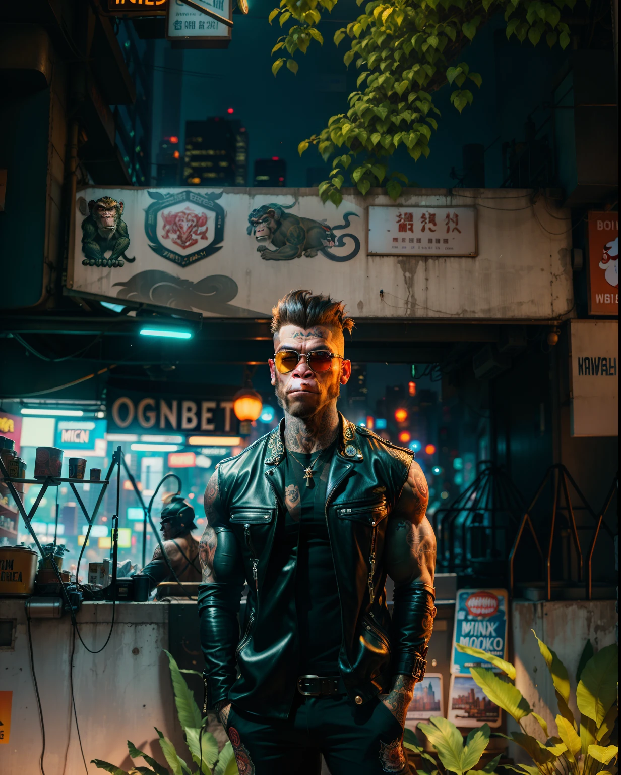 ((best quality)),((ultradetailed)), ((masterpiece)), illustration,
Scene structure: Animal-personified monkey as a gangster, with a monkey face and human body. He has a muscular build and tattoos on his body. He rides a motorcycle in the city, with tall buildings behind him and neon lights flashing.
Prompt composition: Monkey-gangster, animal-personification, motorcycle-riding, tattooed-body, muscular-build, city-scape, tall-buildings, neon-lights