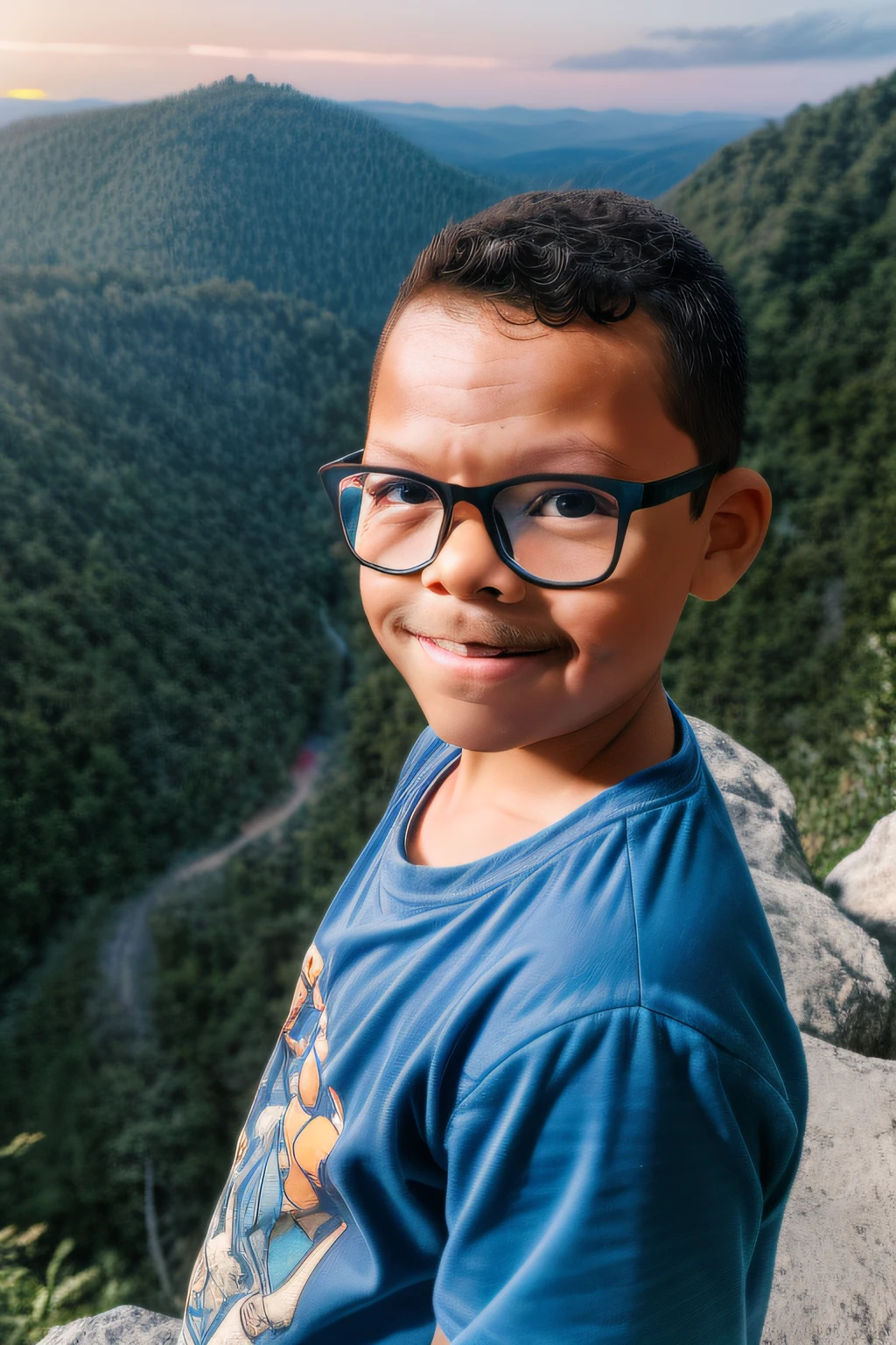 guttonerdvision10, guttonerdvision10, half body portrait of a boy 2y.o with glasses, sunrise, Mountain's peak, dartk theme, (Highly Detailed Skin:1.2), 8k UHD, DSLR, Soft Lighting, High Quality, Film Grain, Fujifilm XT3