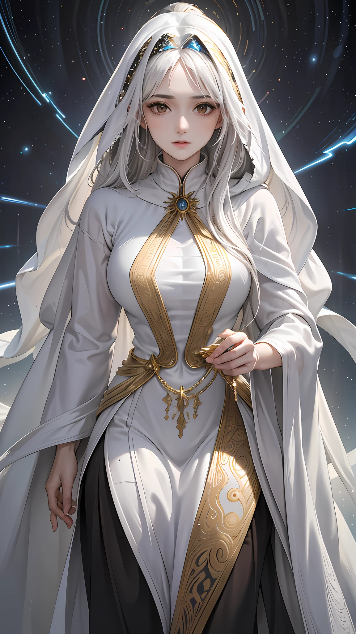 (masterpiece, top quality, best quality, official art, beautiful and aesthetic:1.2), (1woman, audult), extreme detailed, (fractal art:1.3), colorful, highest detailed, perfect face, upper body, HDR, (praying:1.3), (white cloak golden lines:1.2), galaxy, (light streaks), striking visuals, (dynamic streaks, luminous trails:1.2), vibrant colors,
