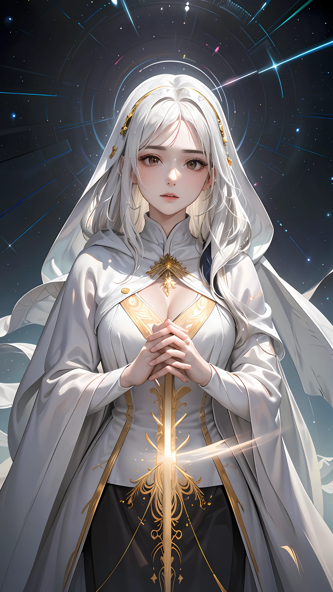 (masterpiece, top quality, best quality, official art, beautiful and aesthetic:1.2), (1woman, audult), extreme detailed, (fractal art:1.3), colorful, highest detailed, perfect face, upper body, HDR, (praying:1.3), (white cloak golden lines:1.2), galaxy, (light streaks), striking visuals, (dynamic streaks, luminous trails:1.2), vibrant colors,