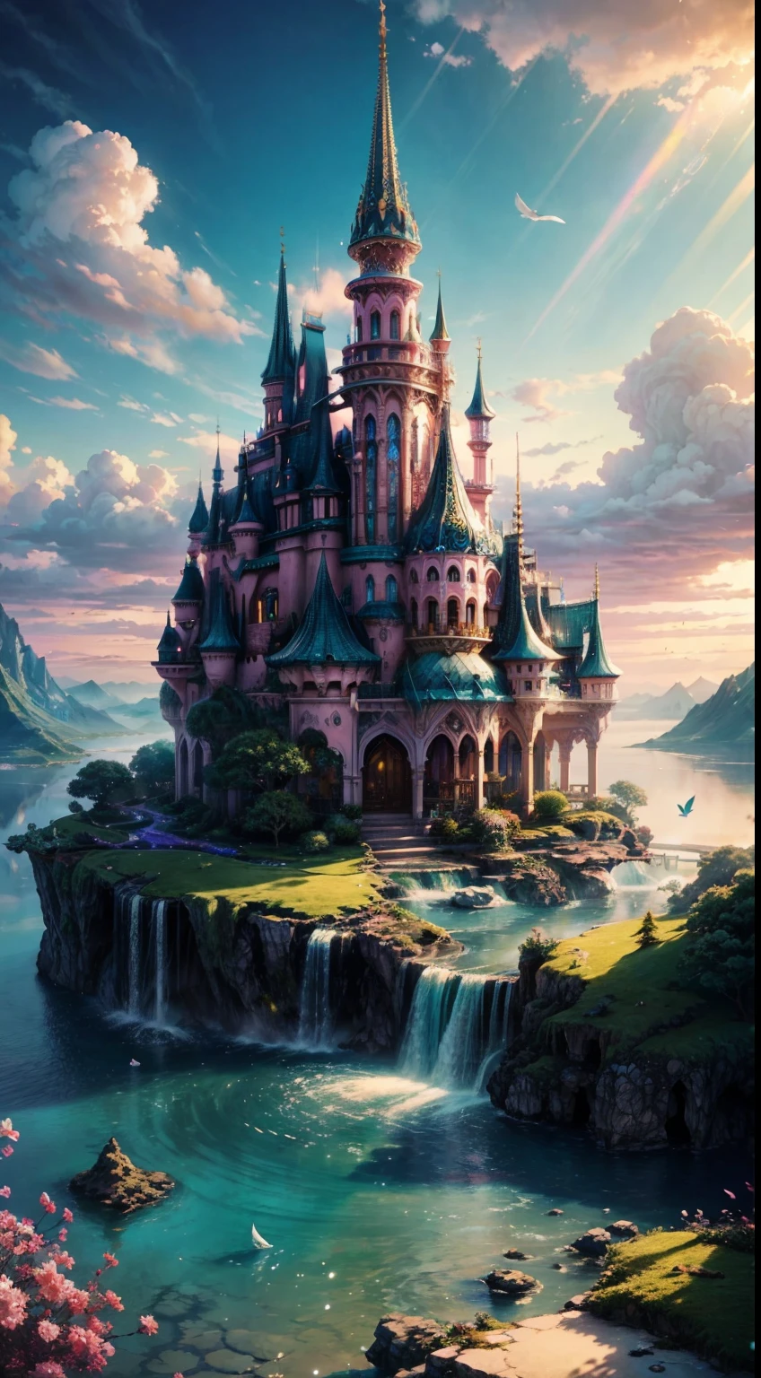 Envision a mesmerizing scene of a magnificent realm of romantic dreams. The environment is filled with intricate floating islands, fluffy clouds, waterfalls cascading from the floating islands, and a vibrant, surreal atmosphere. The atmosphere is filled with a sense of wonder and tranquility. Include many shades of vibrant jewel-toned hues. This scene will be depicted in an anime-style illustration, with soft lines, pastel colors, and a whimsical touch. All buildings are extremely detailed and elegant. The artwork will capture the ethereal beauty and tranquility of the dreamlike realm, creating a sense of harmony and escape from the ordinary world. Include teal water, colorful watercolor skies, glowing elements, and many small fantasy details including iridescence, expertly created majestic landscapes, and shimmer and glimmer. Above all else, this should look like a fantasy artwork. Include lots of vibrant color and vaguely surreal details.
