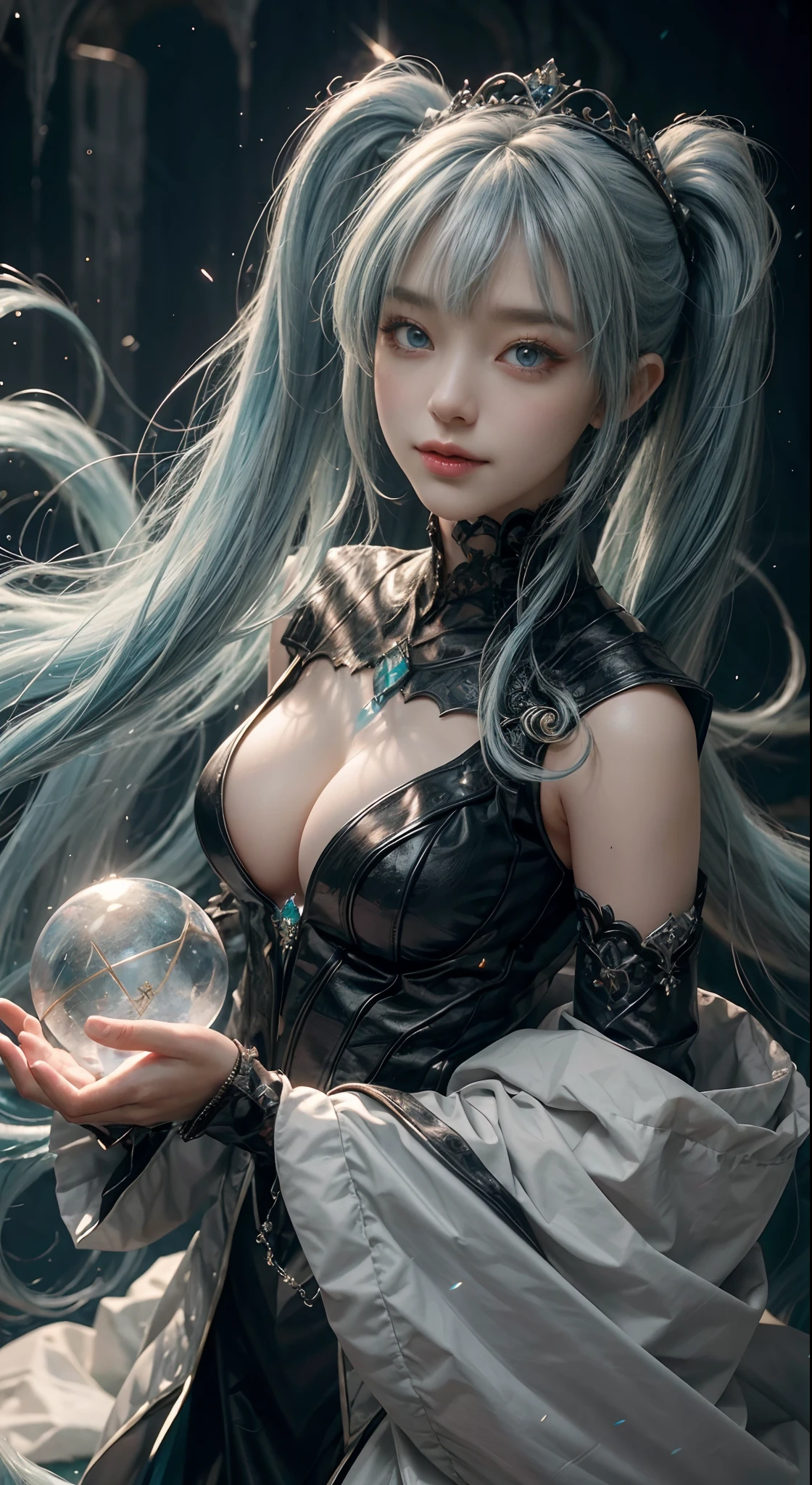 (absurderes、hight resolution、ultra-detailliert)、1womanl、a matural female、age: 18 years old、long hair with twin tails、Light blue hair、Emerald gentle big eyes、A smile with the corners of the mouth slightly raised、bangss、long-sleeve、finely eye and detailed face、extremely detailed CG unified 8k wallpaper、intricate-detail、(Style - Swirl Magic:1.0)、Look at viewers、独奏、The upper part of the body、细致背景、a closeup、A detailed face、(Gothic Dark Ages theme:1.1)、Crystal Sorcerer、dynamicposes、 earth themed clothes、crystal crown、Floating in mid-air、Glowing magic shards、Blue Magic Crystal、terrane、stalactites、magical floating particles、Crystal Glass、Crystal Sphere、crystal canyon background、(shallow water:0.7)、epic ethereal atmosphere、Updraft、、portraitures