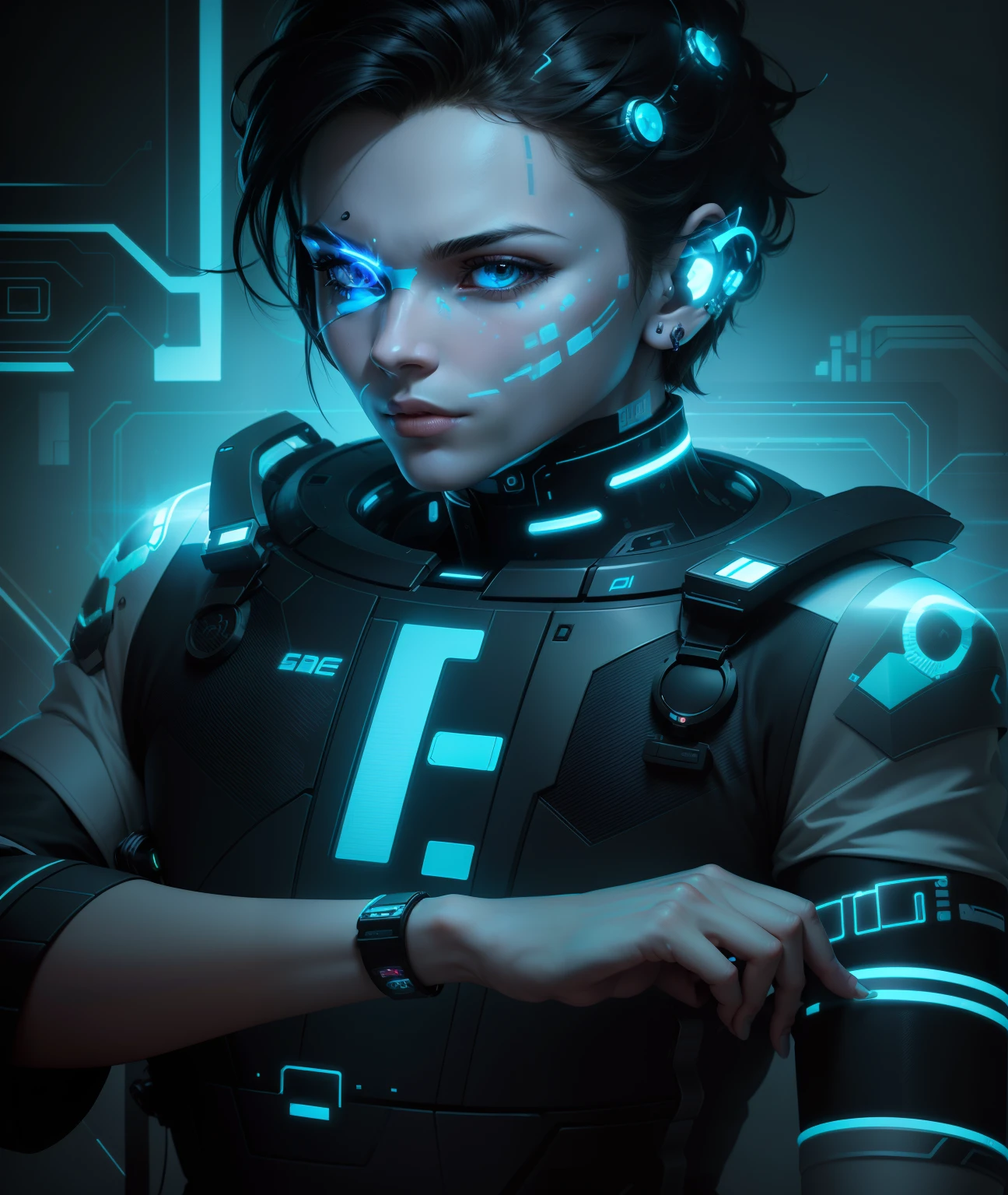 Develop an AI avatar that maintains my facial features while enhancing them with a futuristic and technologically advanced appearance. Preserve the likeness of my face while incorporating elements like circuit-like patterns, digital glows, and other high-tech visuals. Strive for a seamless integration of my original look with the desired technology aesthetic.and mantain my bead and give male look