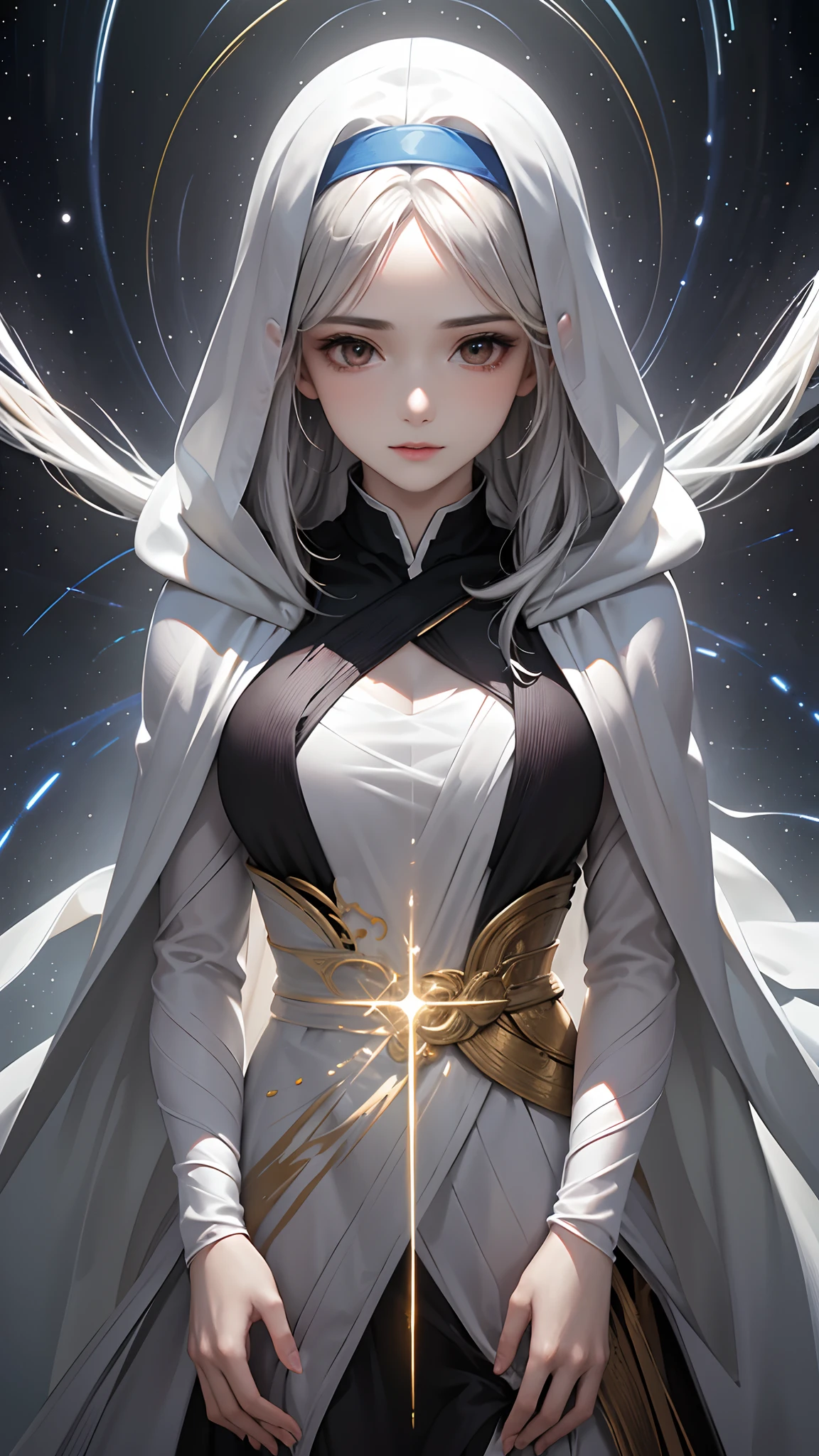 (masterpiece, top quality, best quality, official art, beautiful and aesthetic:1.2), (1girl), extreme detailed, (fractal art:1.3), colorful, highest detailed, perfect face, upper body, HDR, (praying:1.3), (white cloak golden lines:1.2), galaxy, (light streaks), striking visuals, (dynamic streaks, luminous trails:1.2), vibrant colors,