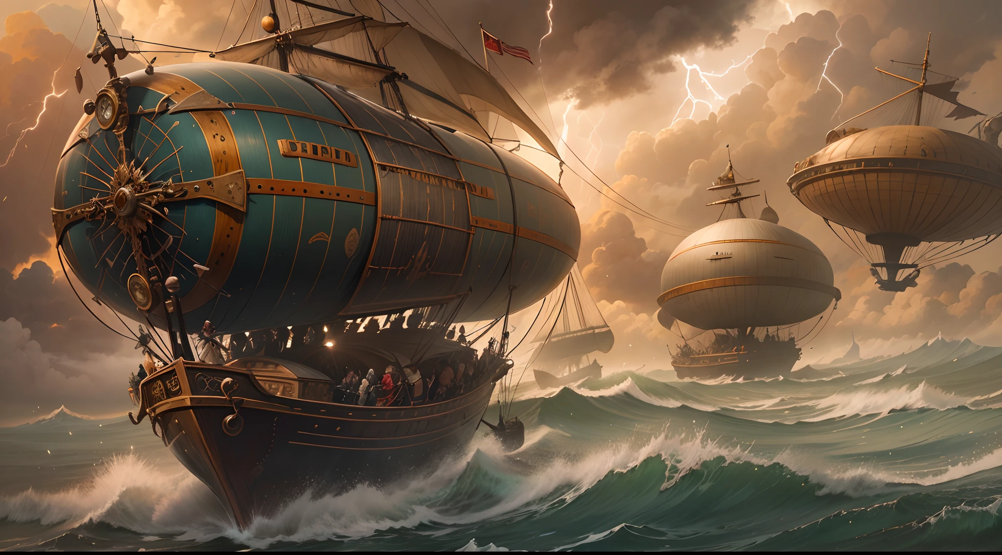 Amidst a vast, storm-tossed sea, a fleet of steampunk-inspired airships sails through the tempest. The airships are a combination of intricate Victorian architecture and mechanical engineering, propelled by roaring engines and billowing sails. They're escorting a group of explorers who are suspended in harnesses beneath the airships, ready to embark on a perilous journey to uncover hidden lands. The sky is a tumultuous mix of dark clouds and flashes of lightning, creating a sense of adventure and danger. The atmosphere is charged with excitement and anticipation. Style: Sculpture, intricate metalwork with dynamic poses and attention to fine details