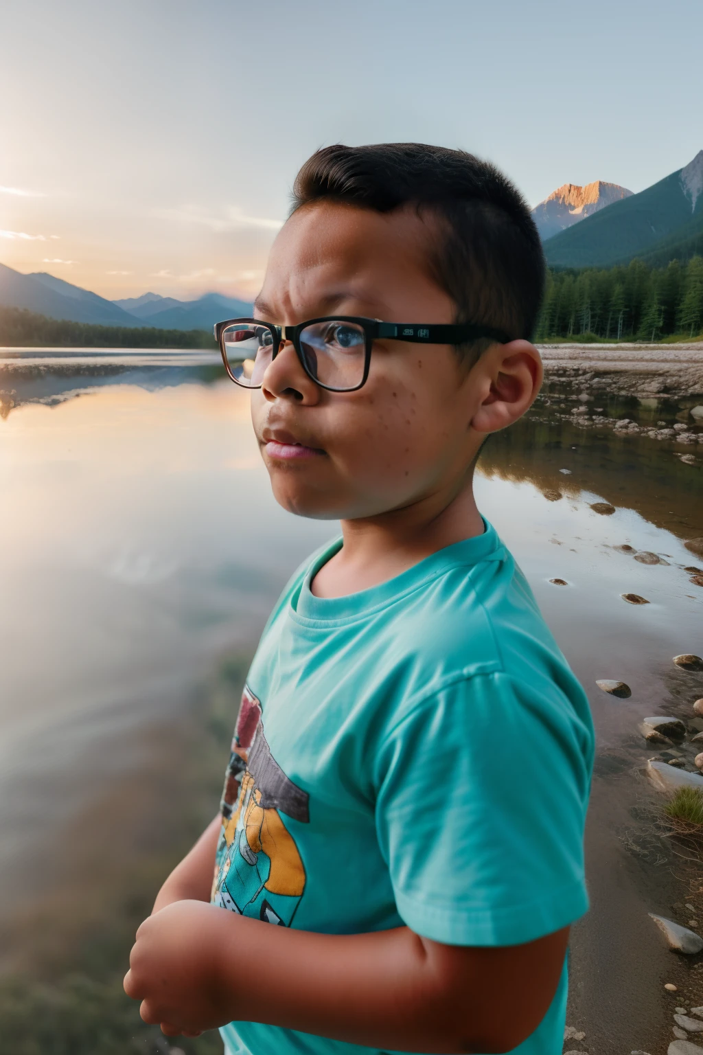 guttonerdvision10, half body portrait of a boy 3y.o with glasses, sunrise, Mountain's peak, Field depth, (Highly Detailed Skin:1.2), 8k UHD, DSLR, Soft Lighting, High Quality, Film Grain, Fujifilm XT3