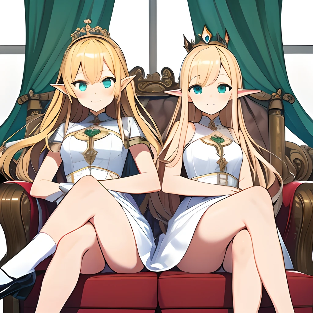 tiara crown,a throne,blond hairbl,Emerald eyes,the elf