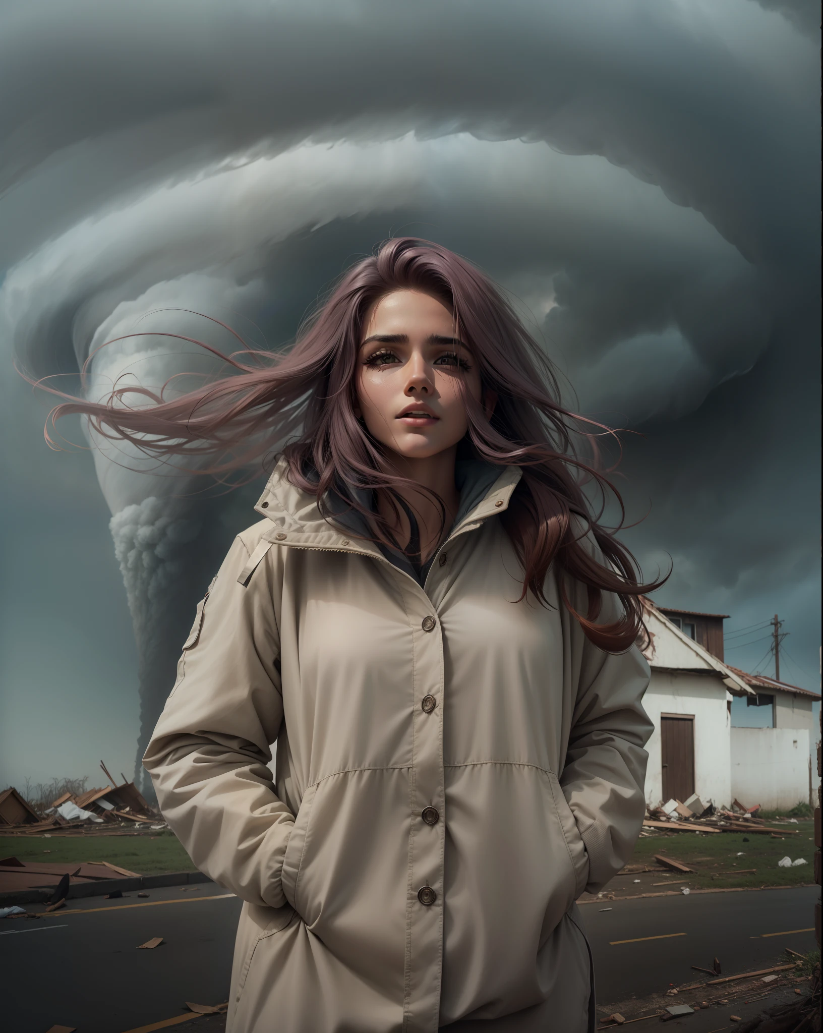 jovem mulher linda com cabelos ruivo e casaco com capuz levitando de corpo inteiro em frente a um tornado