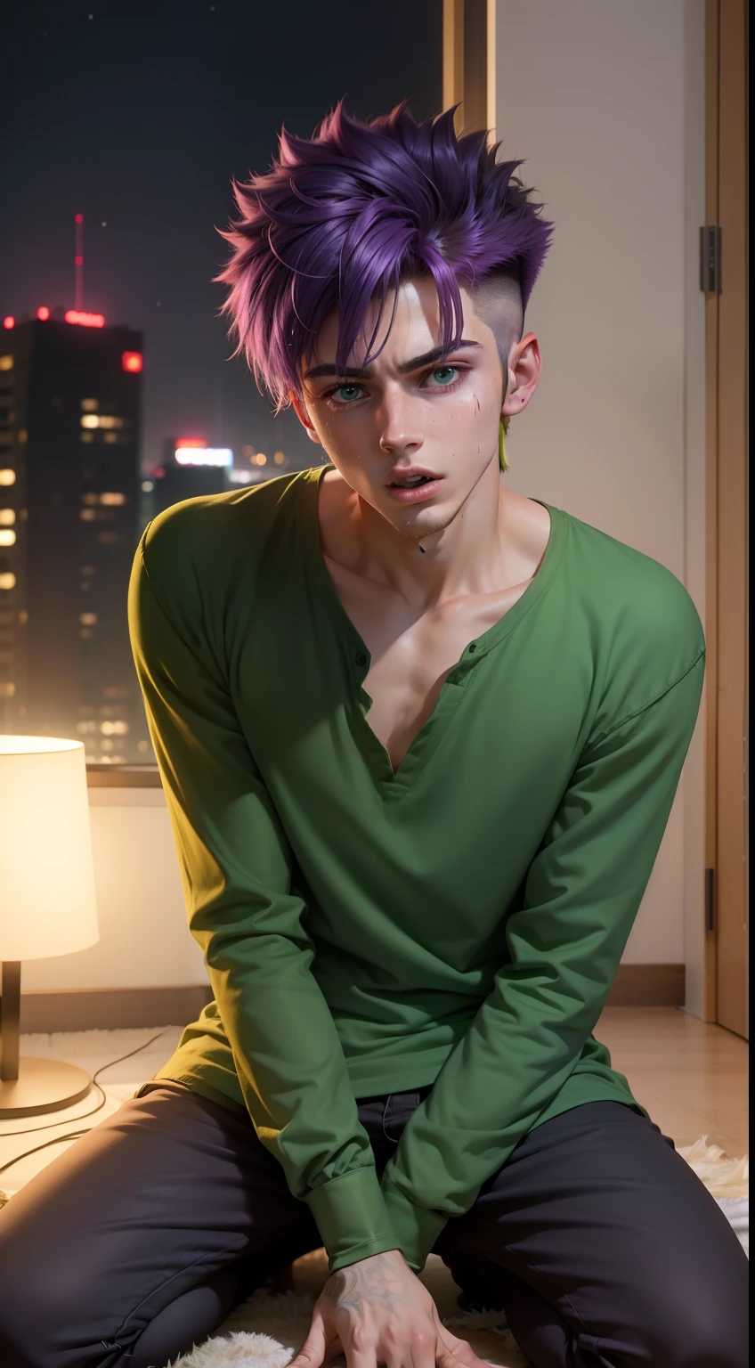 ultra realistic 8k image of a 20 year old male youtuber, hair dyed purple, expression of nausea, kneeling, dressed in a green blouse, vomiting in a night room, night