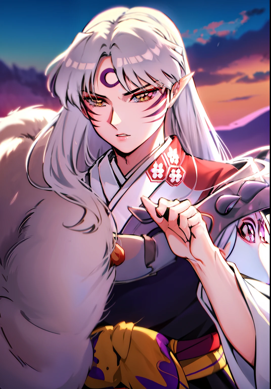 sesshomaru, olhos amarelos, anime, rosto perfeito, perfect  lighting, ao ar livre, cores quentes, dark purple sky, winter sunset, \(inuyasha\), garra nua, pronto para lutar.