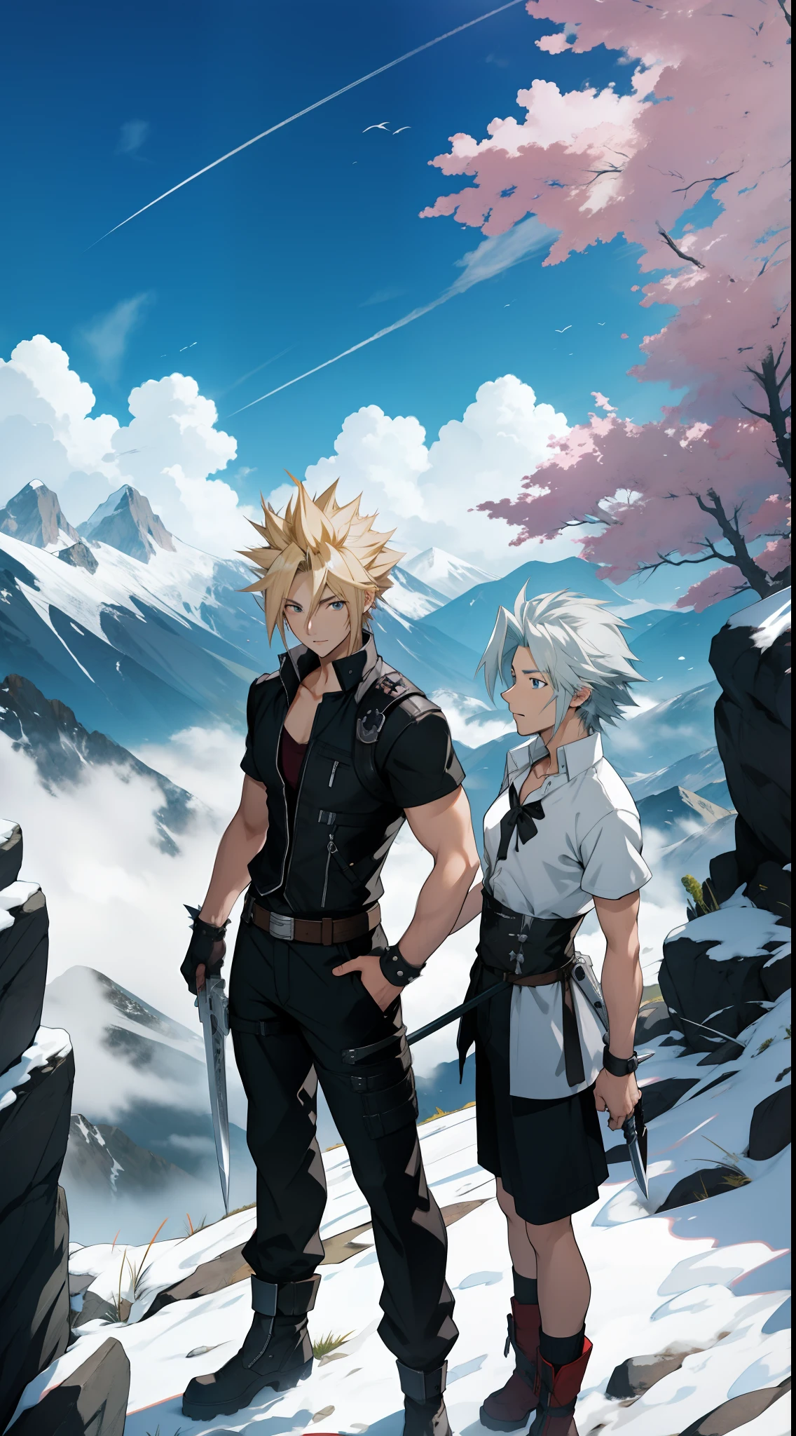 Cloud Strife, the man with short spiky hair and Sakuya Izayoi, the woman with short spiky hair together, are in the mountains, sunlight