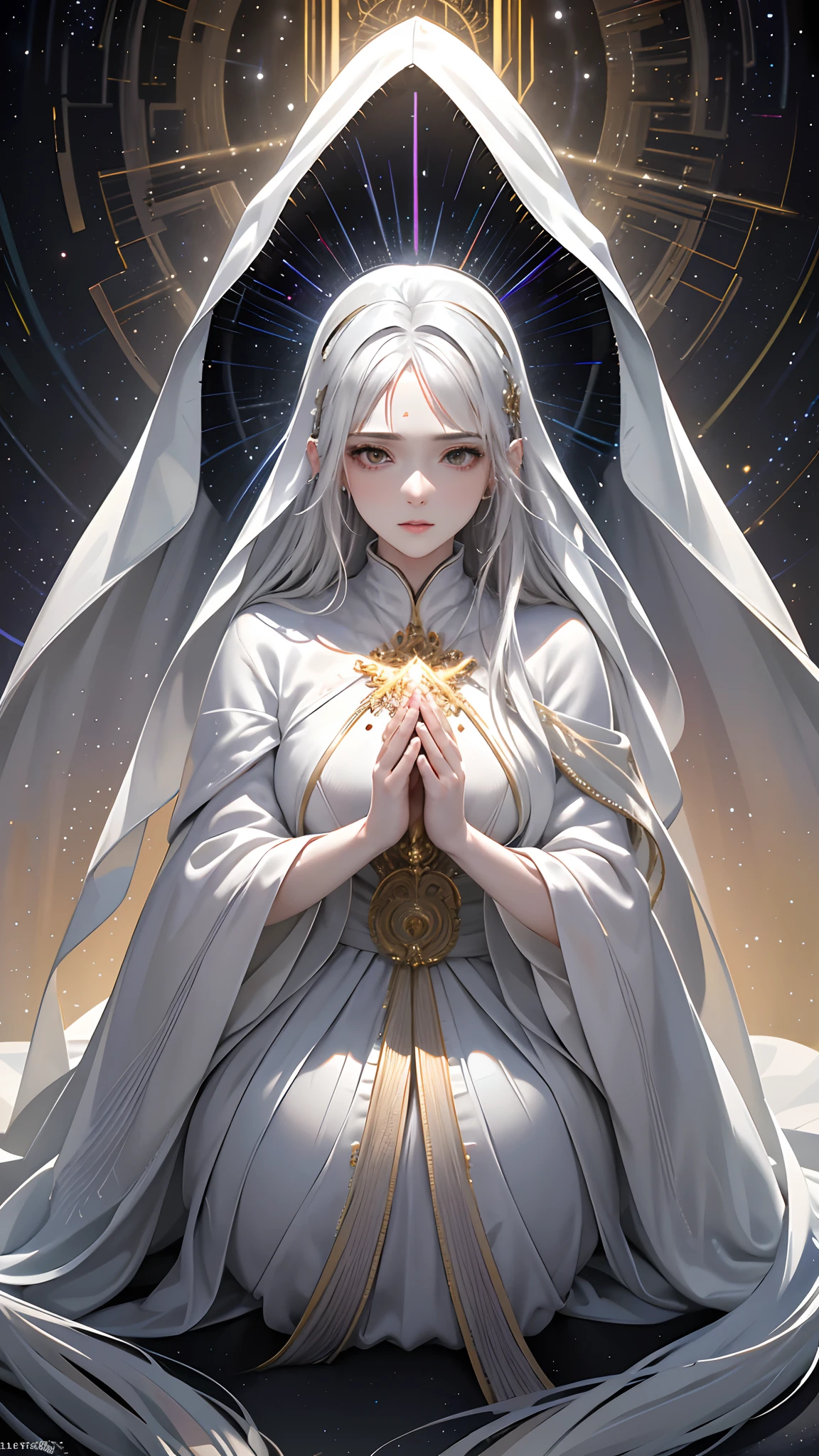 (masterpiece, top quality, best quality, official art, beautiful and aesthetic:1.2), (1woman, audult), extreme detailed, (fractal art:1.3), colorful, highest detailed, perfect face, upper body, HDR, (praying:1.3), (white cloak golden lines:1.2), galaxy, (light streaks), striking visuals, (dynamic streaks, luminous trails:1.2), vibrant colors,