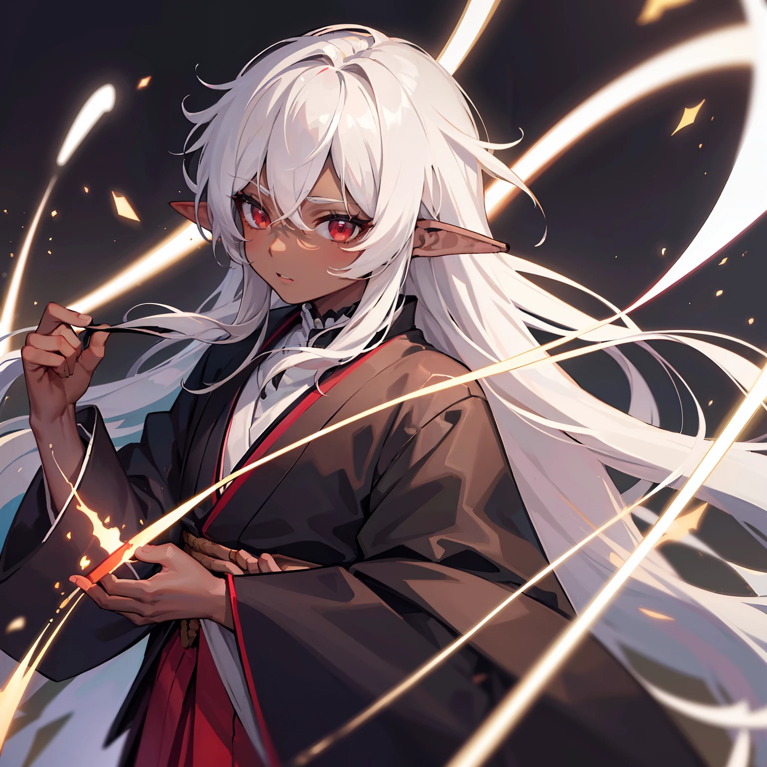 (1 boy), (ager), (solo), white hair, messy hair, long hair, (dark skin), strong body, black kimono, red details in the black kimono, elf ears, ((high quality)), (very detailed)
