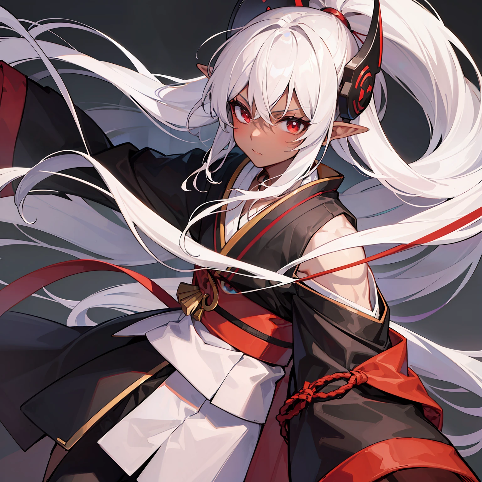 (1 boy), (teenager), (solo), white hair, messy hair, long hair, (dark skin), strong body, black kimono, red details in the black kimono, elf ears, ((high quality)), (very detailed)